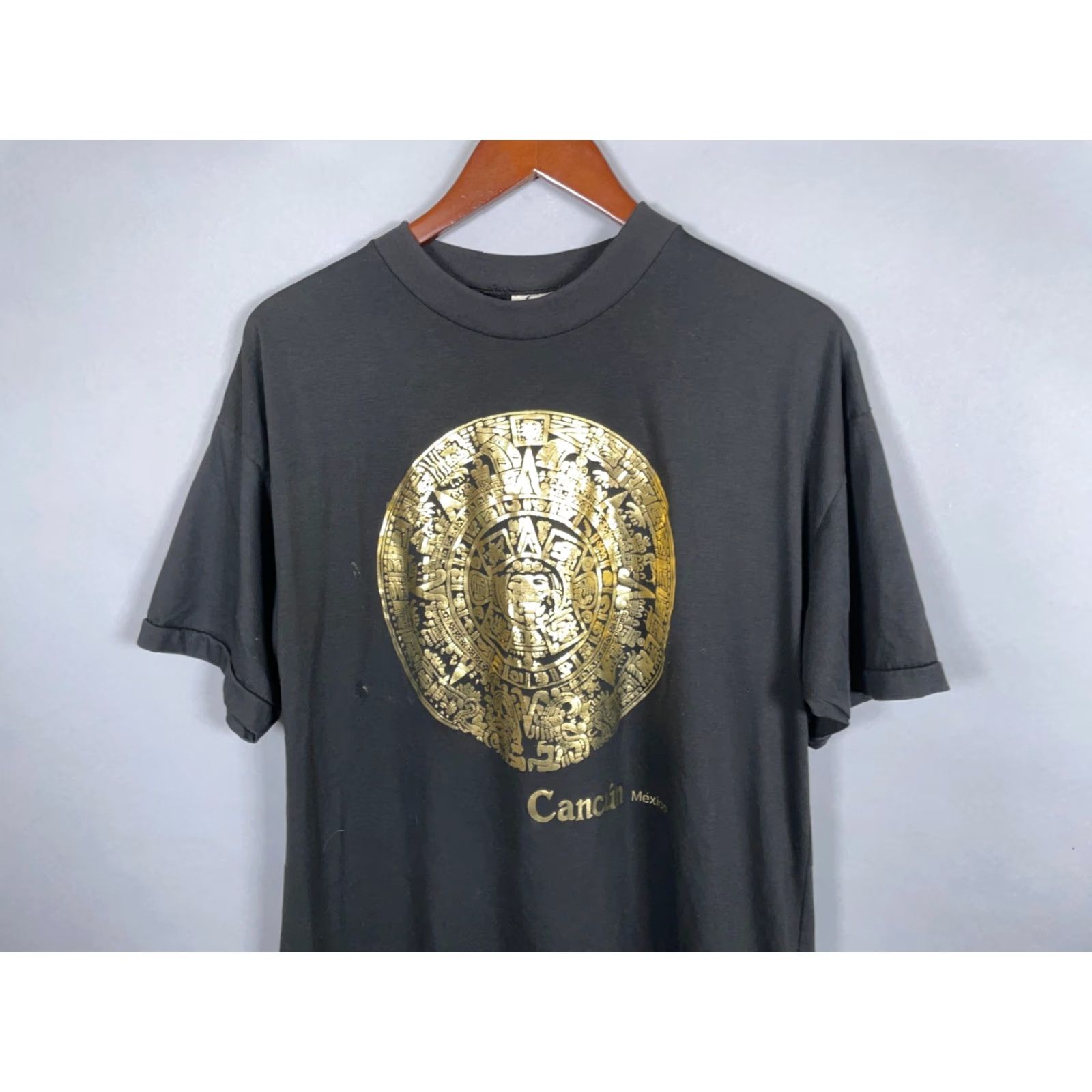 Vintage VINTAGE Sun Sport T-Shirt Adult Large Black Gold Foil Aztec Cancun Mexico Single Stitch 90s Men Size US L / EU 52-54 / 3 - 7 Thumbnail