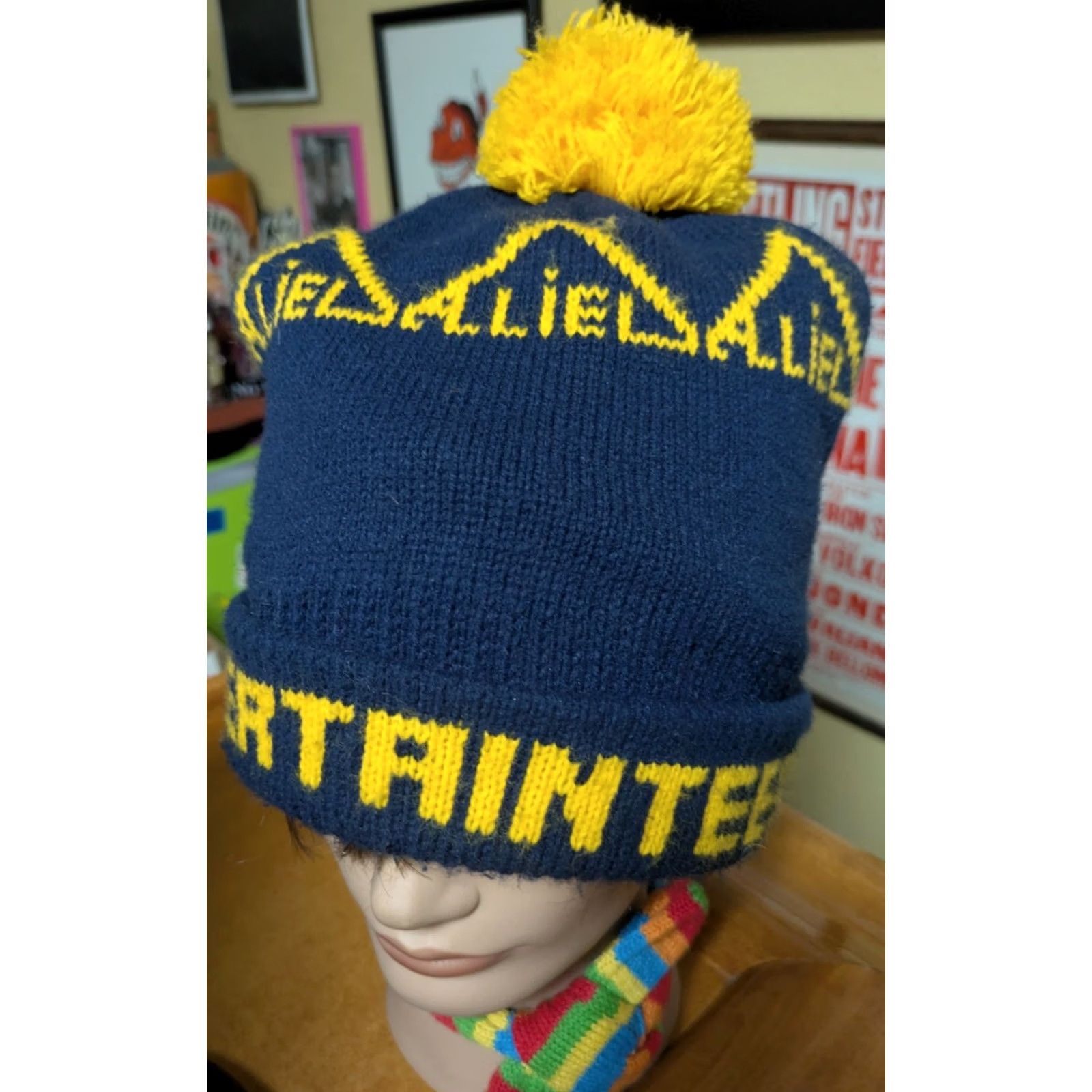 Vintage Allied Beanie Hat Damrau Knit Winter Pom Cap Blue Men's One Size Acrylic Knit Fall Winter Size ONE SIZE - 2 Thumbnail