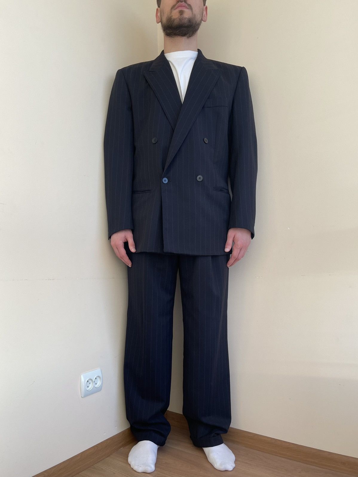 Hugo Boss BOSS Wool Pinstripe Suit 80s Double Breasted Blazer Trousers Size 38R - 6 Thumbnail