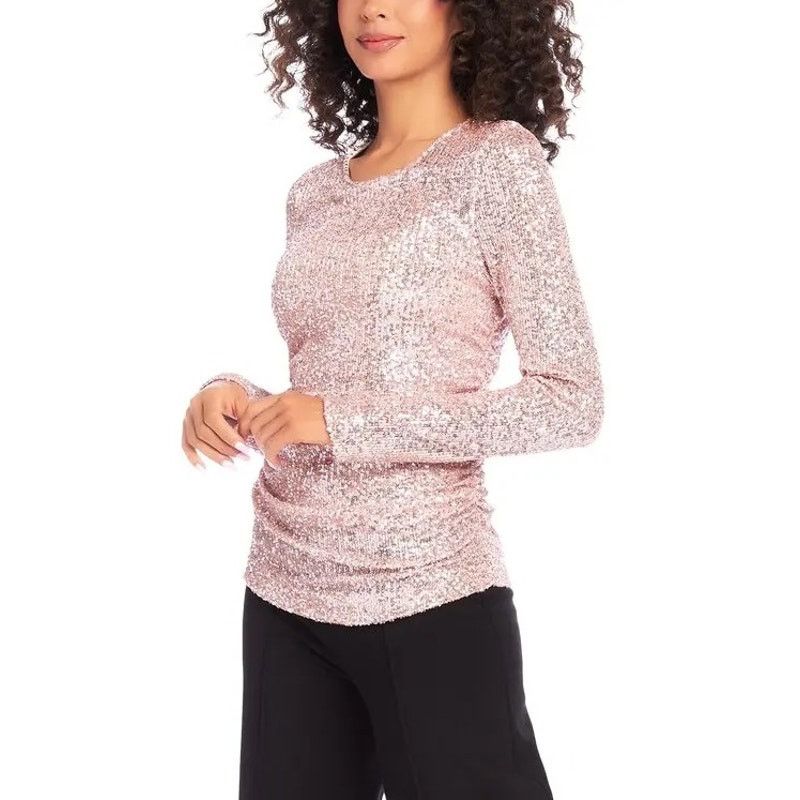 Karen Kane Women Pink Sequin Shirred Holiday Top Size L