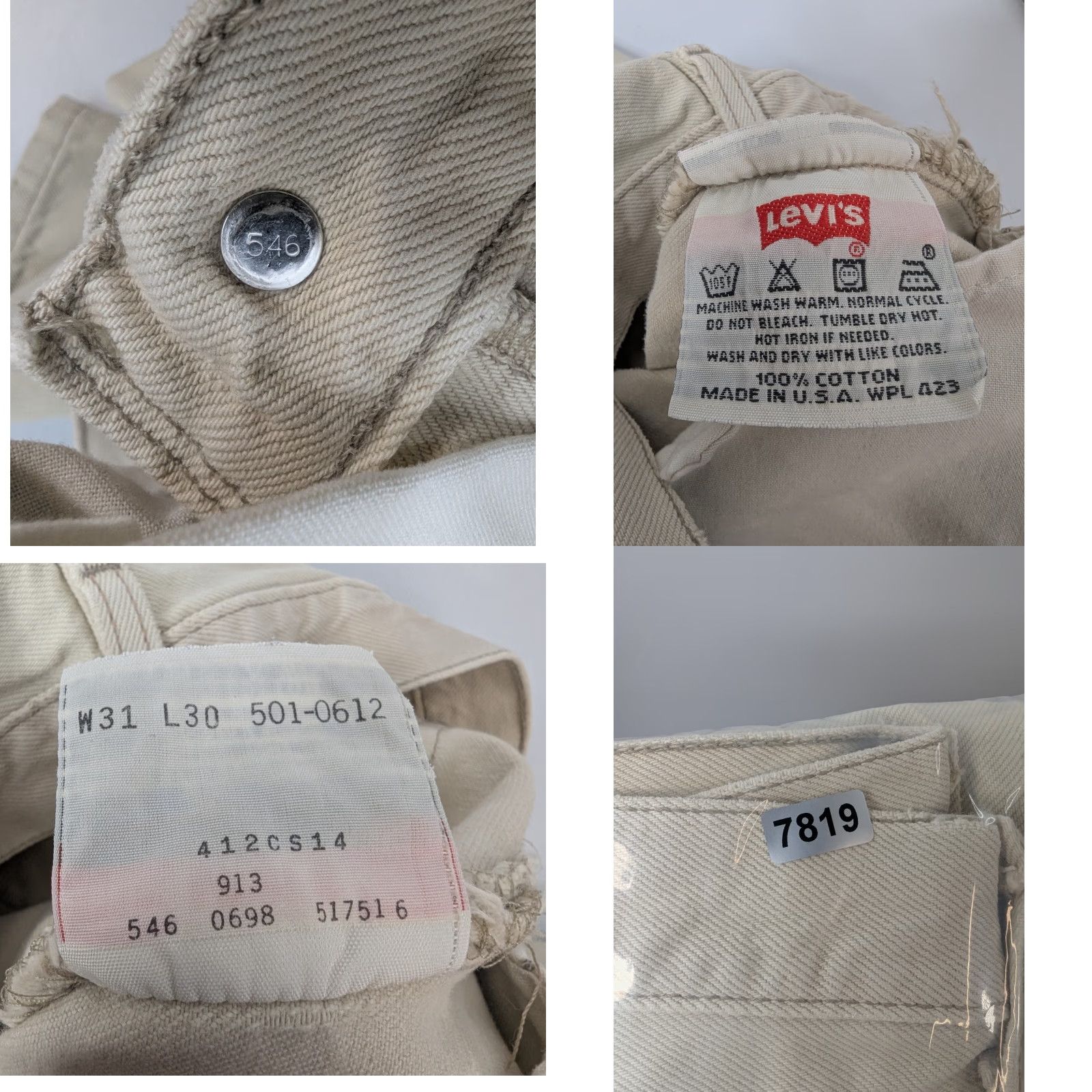 Levi's VINTAGE Levi's 501 Jeans Mens 31x30 Cream Beige Distress Denim Button Fly USA Size US 31 - 9 Thumbnail