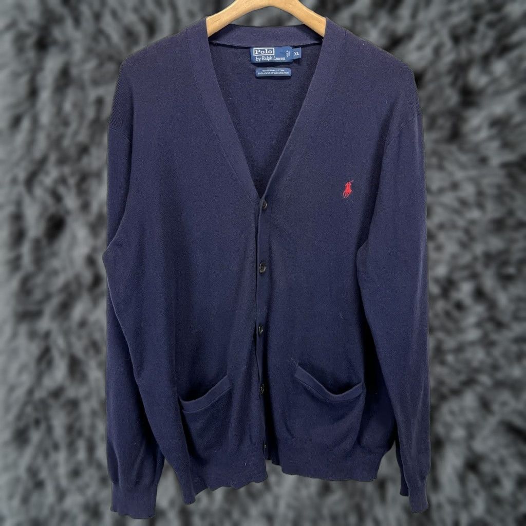 VINTAGE Polo Ralph Lauren Cardigan Sweater Shirt Men XL Navy 100% Cotton Pima GUC