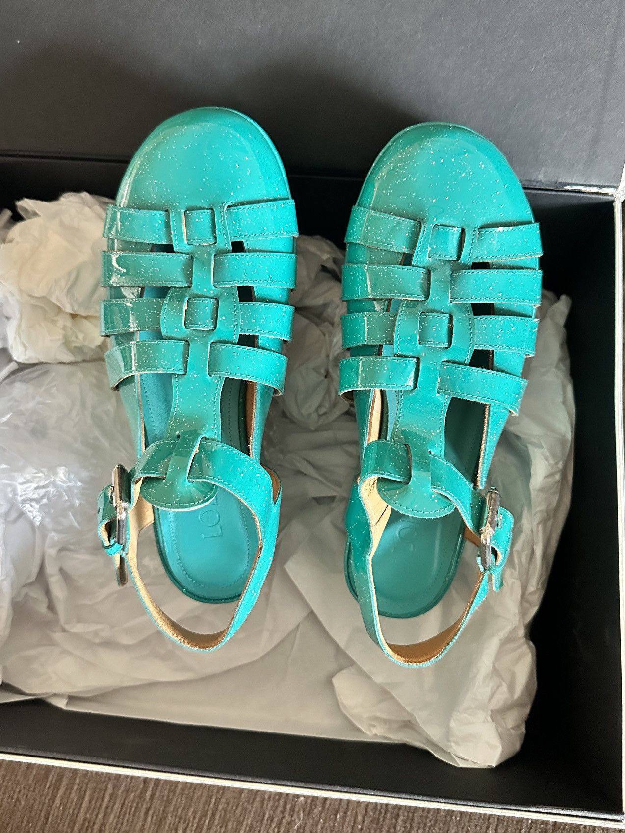Loewe NWOT Authentic Loewe Turquoise calf-skin wedge shoes/size6 Size US 6 / IT 36 - 1 Thumbnail