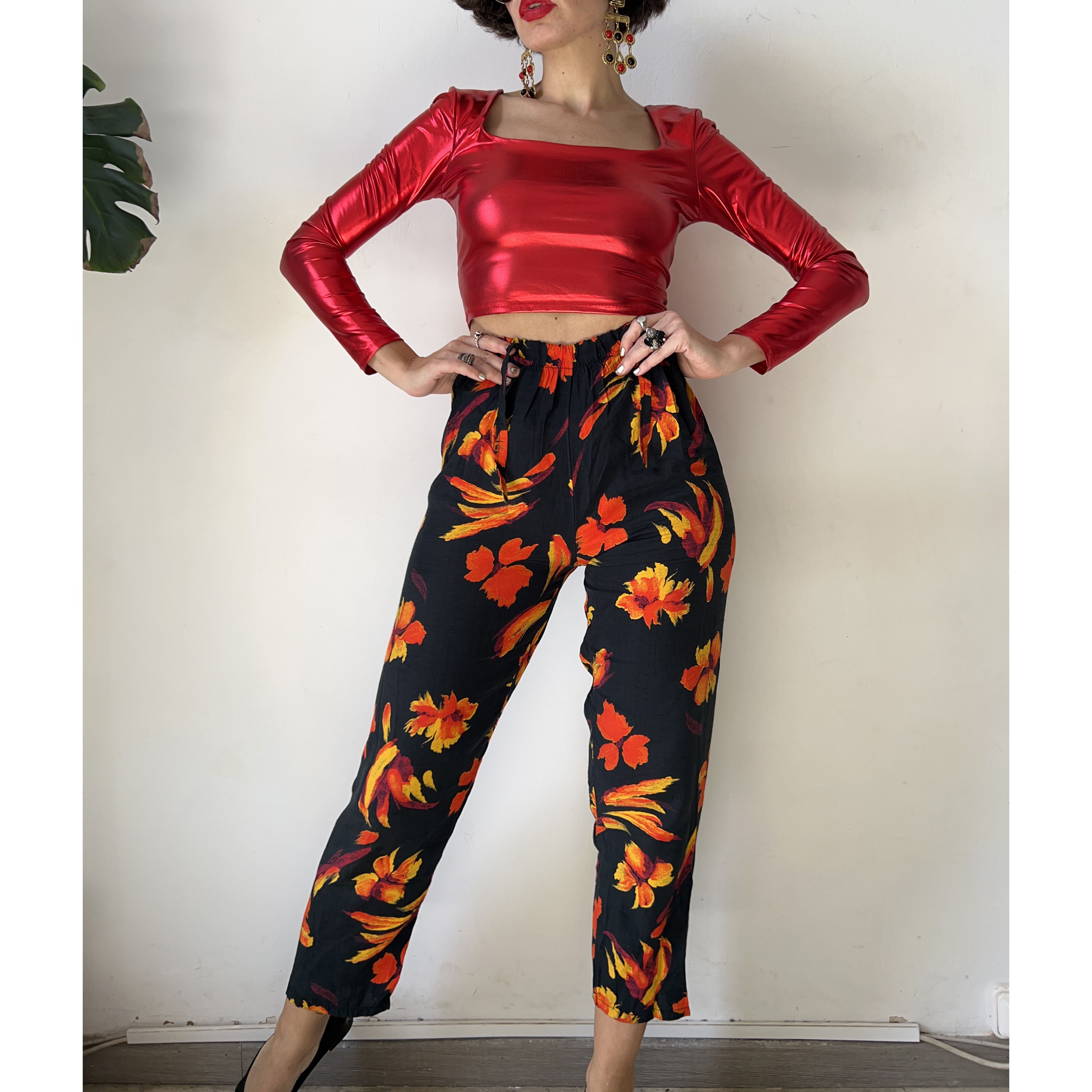 Vintage Vintage 90s High Waisted Floral Viscose Trousers Size 27" / US 4 / IT 40 - 4 Thumbnail