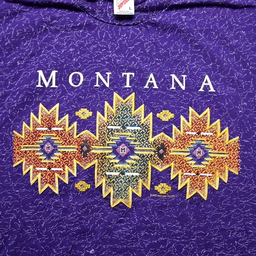 Jerzees Vintage Montana Aztec Shirt Purple All Over Print L Tee 90s Size US L / EU 52-54 / 3 - 2 Thumbnail