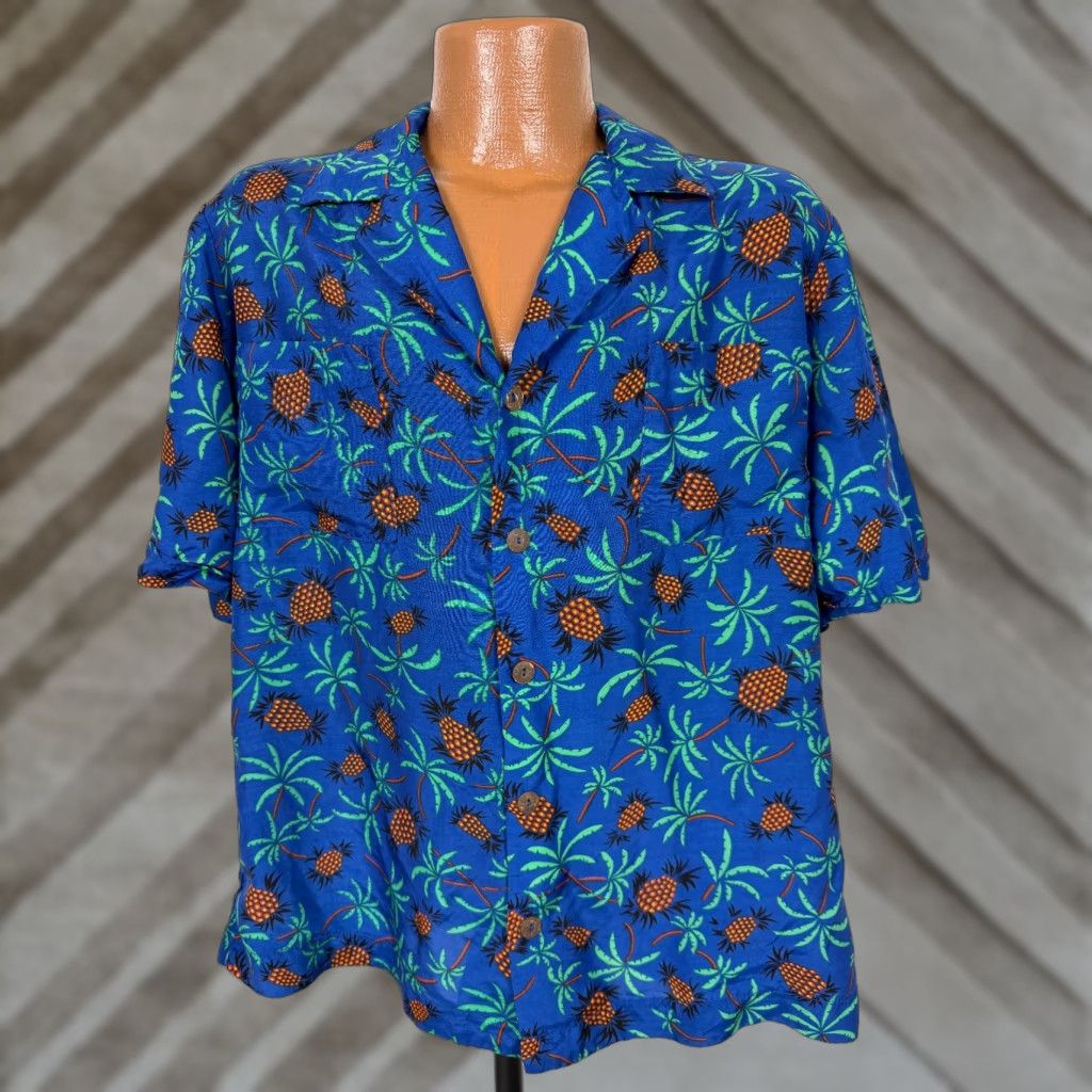 Vintage VINTAGE Minee Mo Pineapple Hawaiian Shirt Men Large Camp Palm Tree Silky Polyester Blue Short Sleeve Button-Up Collared Size US L / EU 52-54 / 3 - 1 Thumbnail