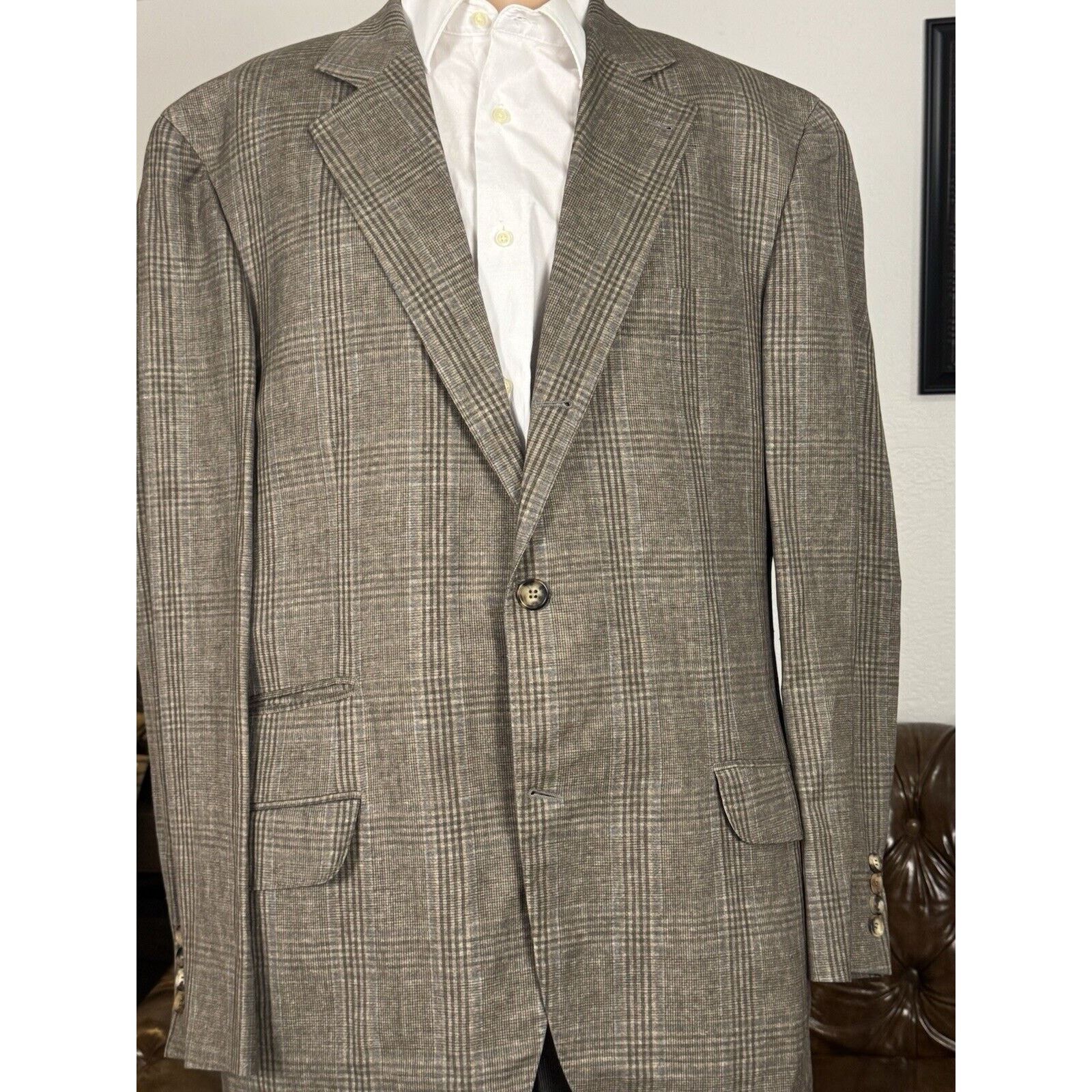 Brunello Cucinelli Brunello Cucinelli Prince Of Wales Taupe Sportcoat IT 54/ 44 Size 44R - 2 Thumbnail