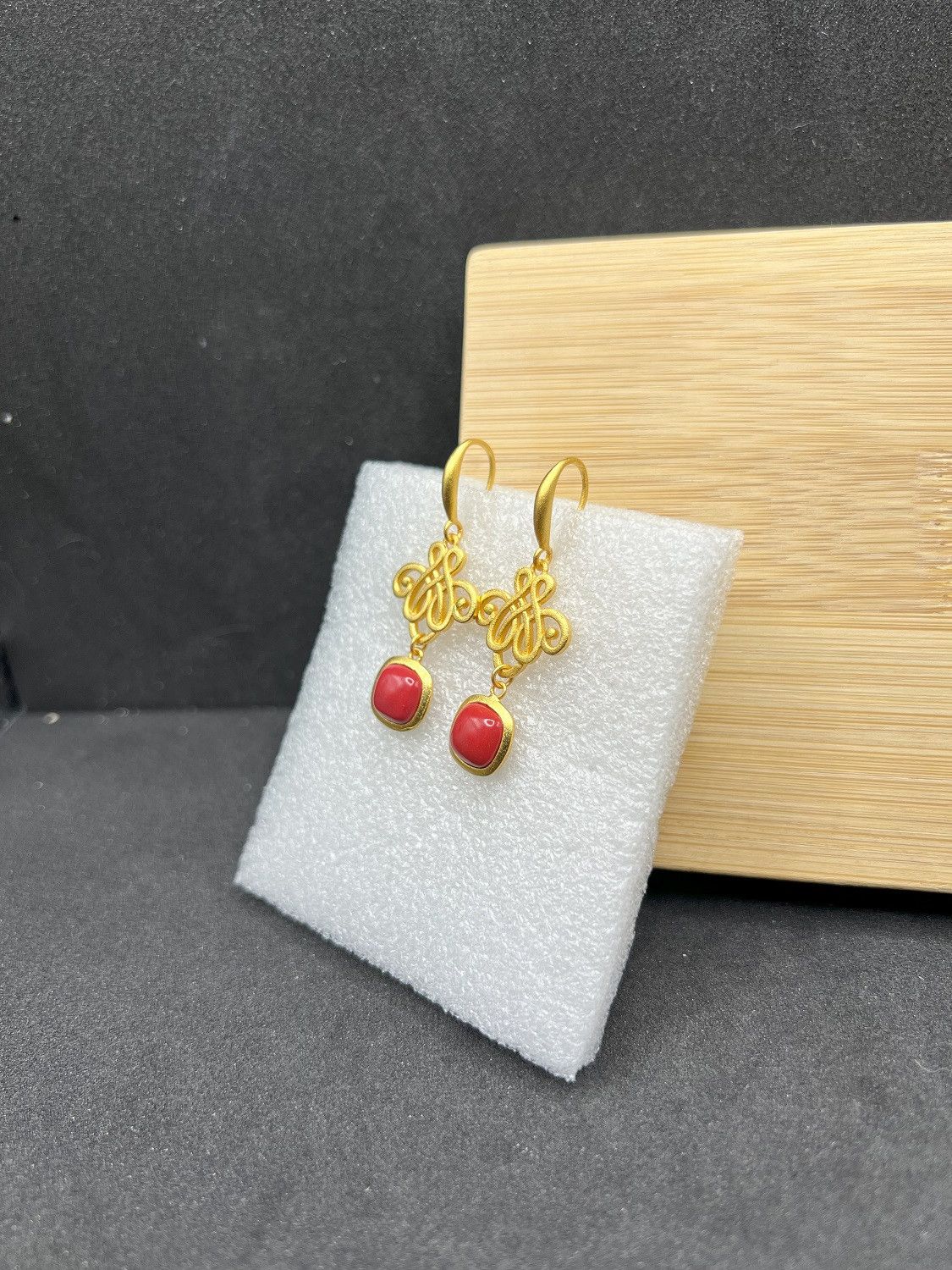 Jewelry Red Square Cinnabar Beads Gold Dangle Earrings Size ONE SIZE - 2 Thumbnail