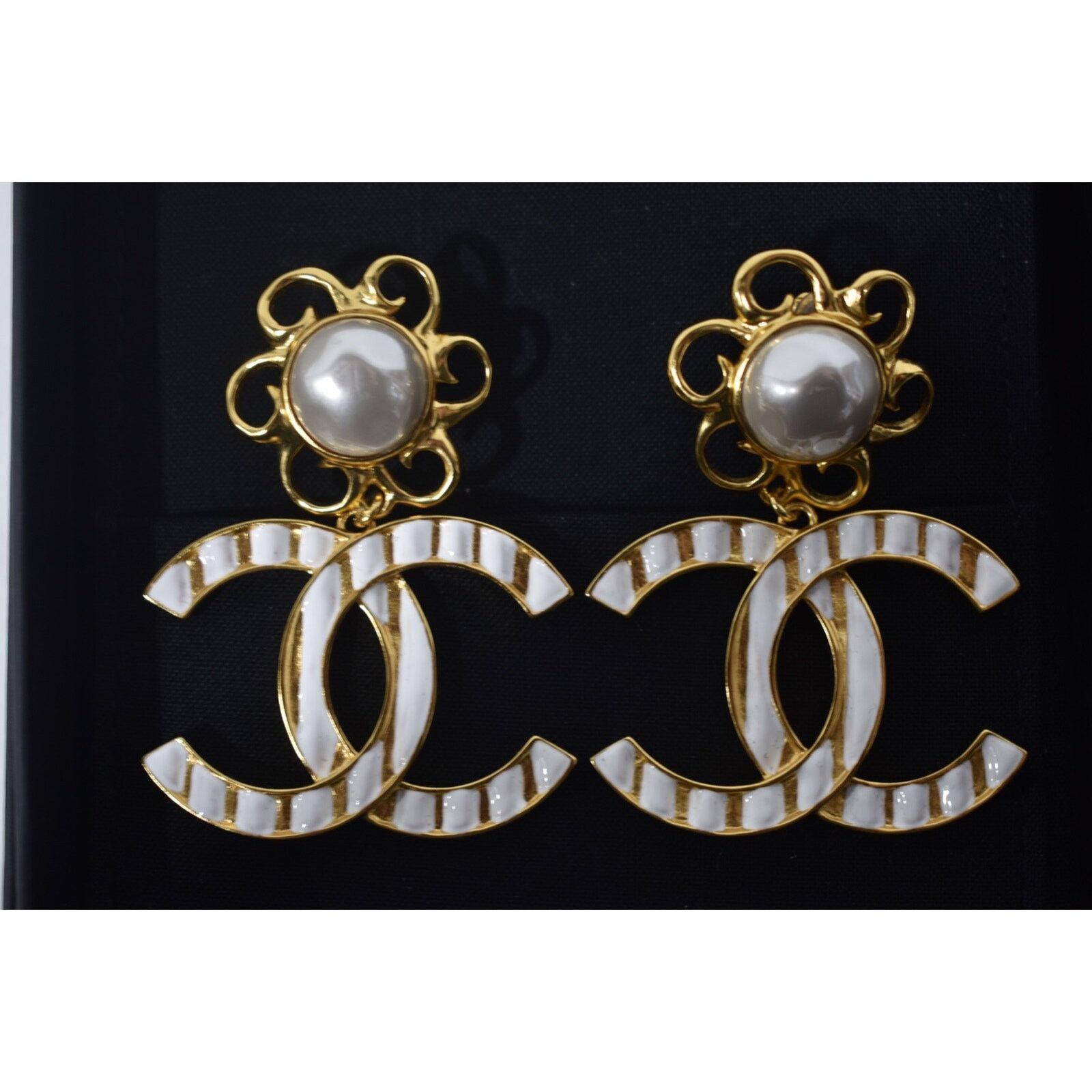 Chanel Chanel Gold White Stripe Dangle Drop Statement Earrings Size ONE SIZE - 6 Thumbnail