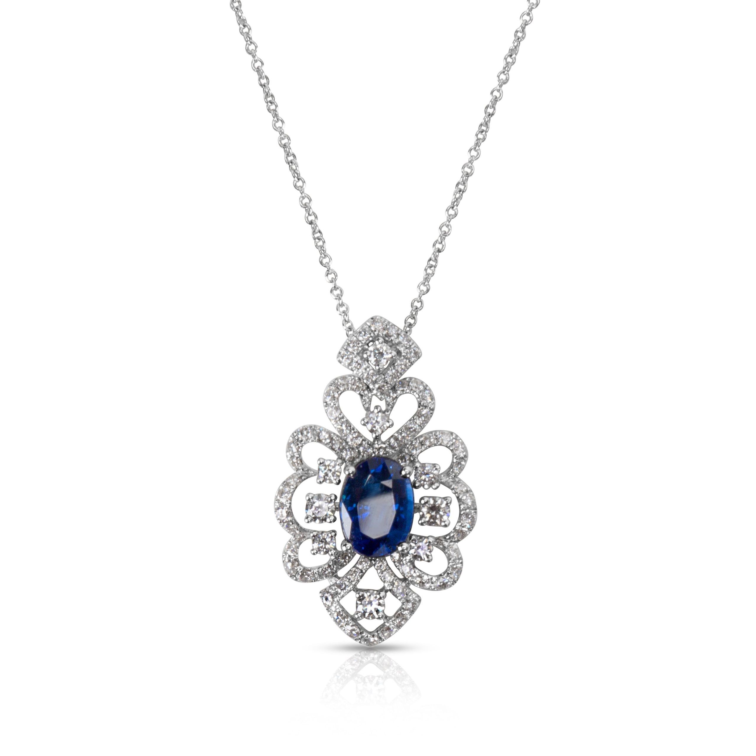 image of Tiffany Co Open Lace Diamond & Oval Sapphire Pendant In 18K White Gold (1.37 Ctw), Women's