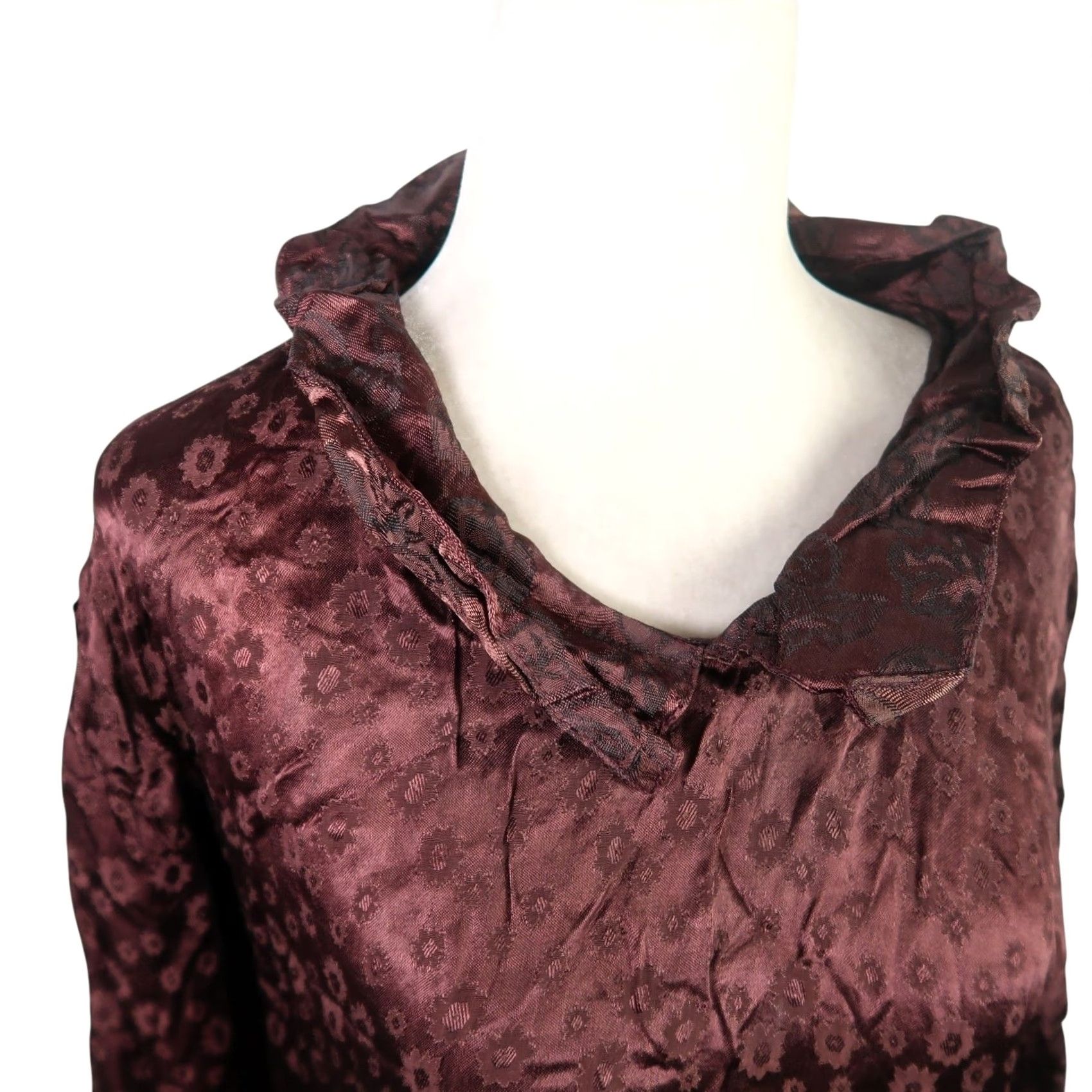 Vintage VINTAGE 90s MSAS Satin Floral Long Sleeve Mini Dress S Brown Women's Dress Size S / US 4 / IT 40 - 2 Thumbnail