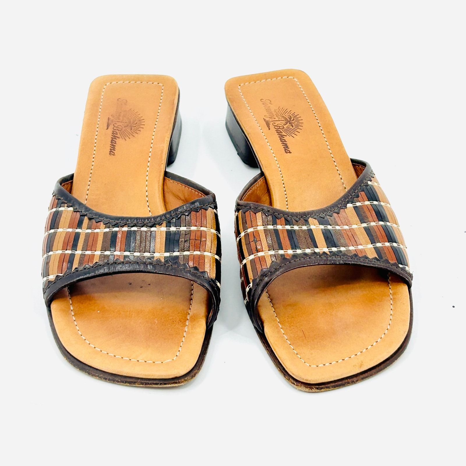 Vintage 90s Brown Tan Woven Leather Block Heel Mules