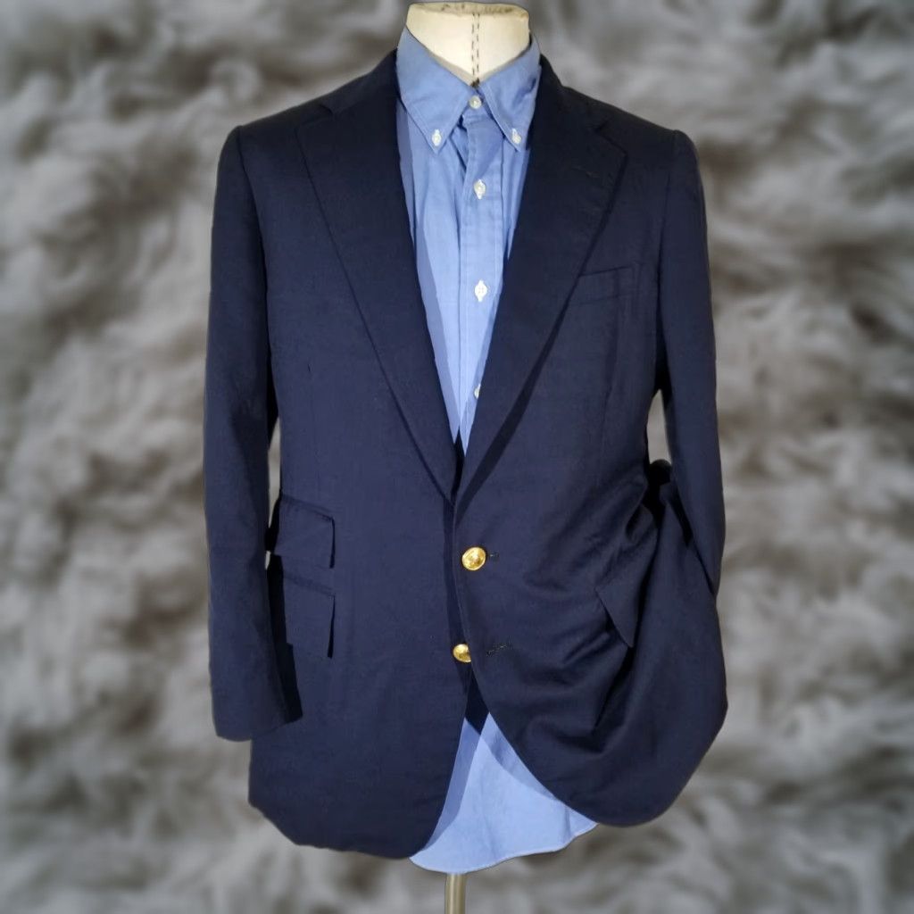 VINTAGE Polo Ralph Lauren Blazer Jacket Polo Ralph Lauren Navy Blue Wool Flannel 2-Button Single-Breasted Notch Lapel Double-Vented 38R Mens Adults