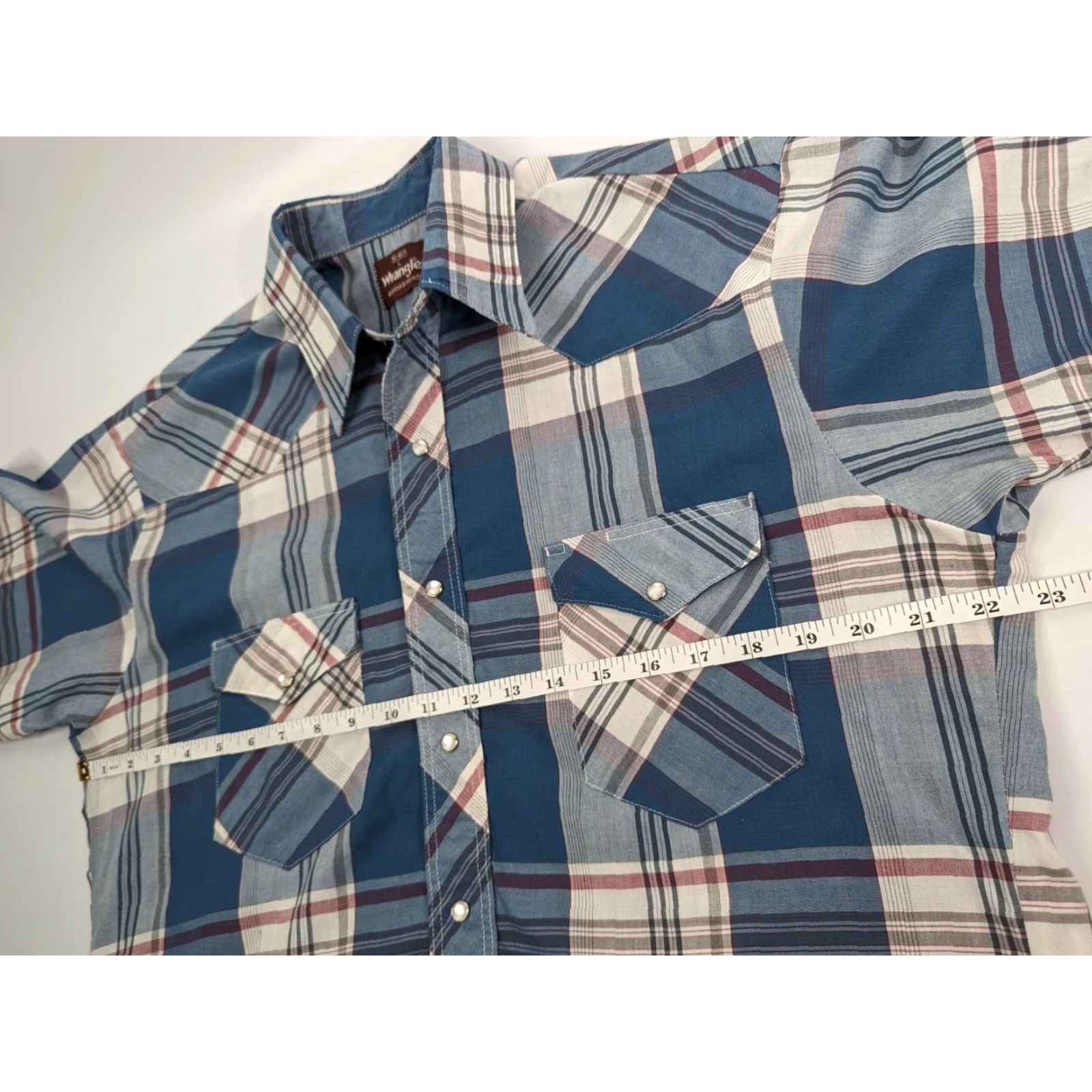 Wrangler VINTAGE Wrangler Western Plaid Pearl Snap Shirt Short Sleeve 16 Blue Mens 80s Western Shirt Snap Closure 16-16.5 Size US L / EU 52-54 / 3 - 6 Thumbnail