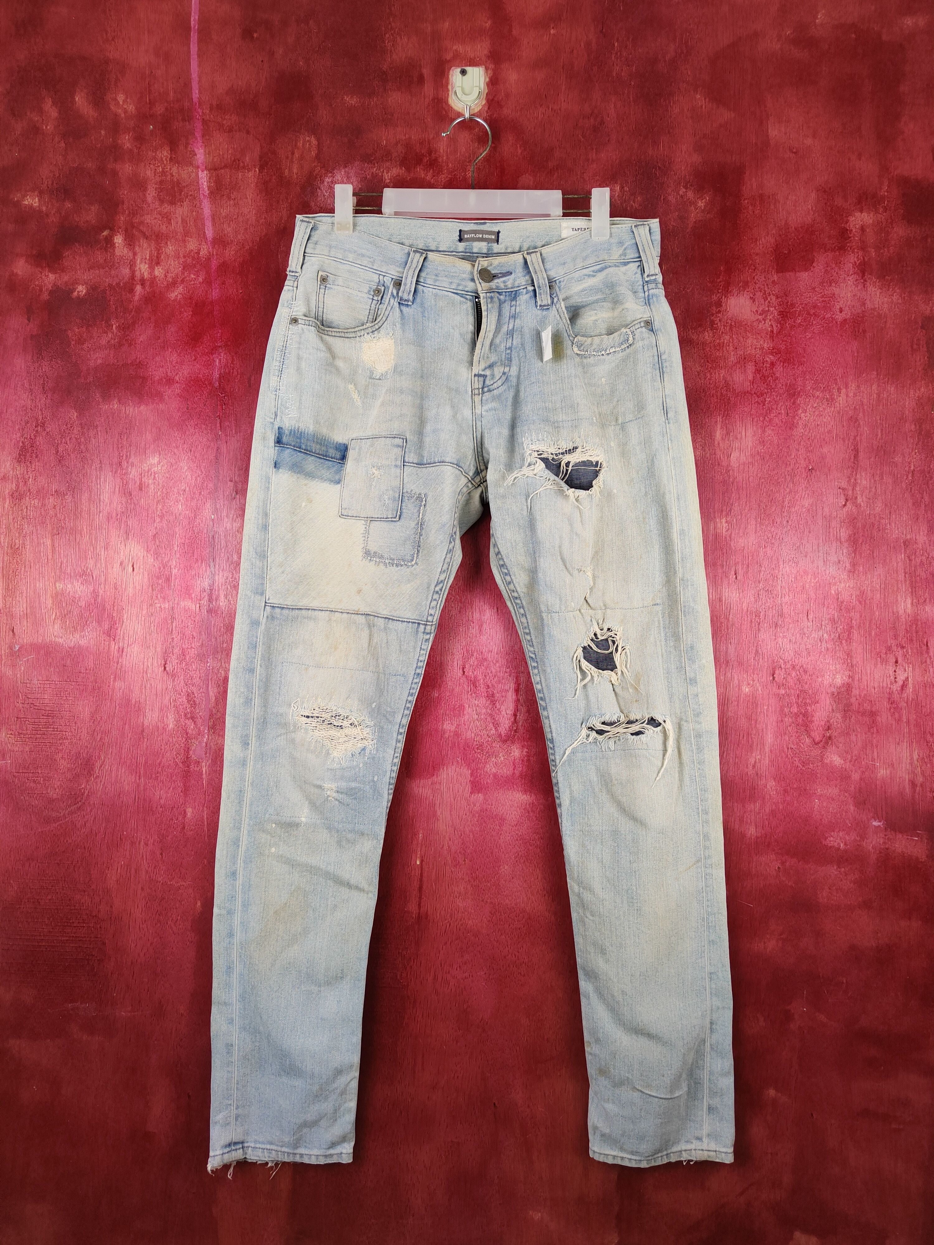 image of Distressed Denim x Vintage Bayflow Blue Faded Distressed Patchwork Denim S1483 in Blue Denim (Size 