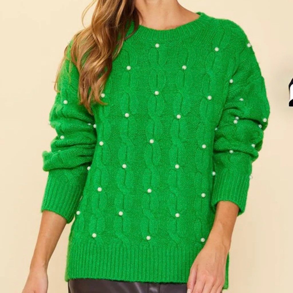 Other Skies are Blue Green Cable Knit Pearl Embellished Sweater XS Size XS / US 0-2 / IT 36-38 - 2 Thumbnail