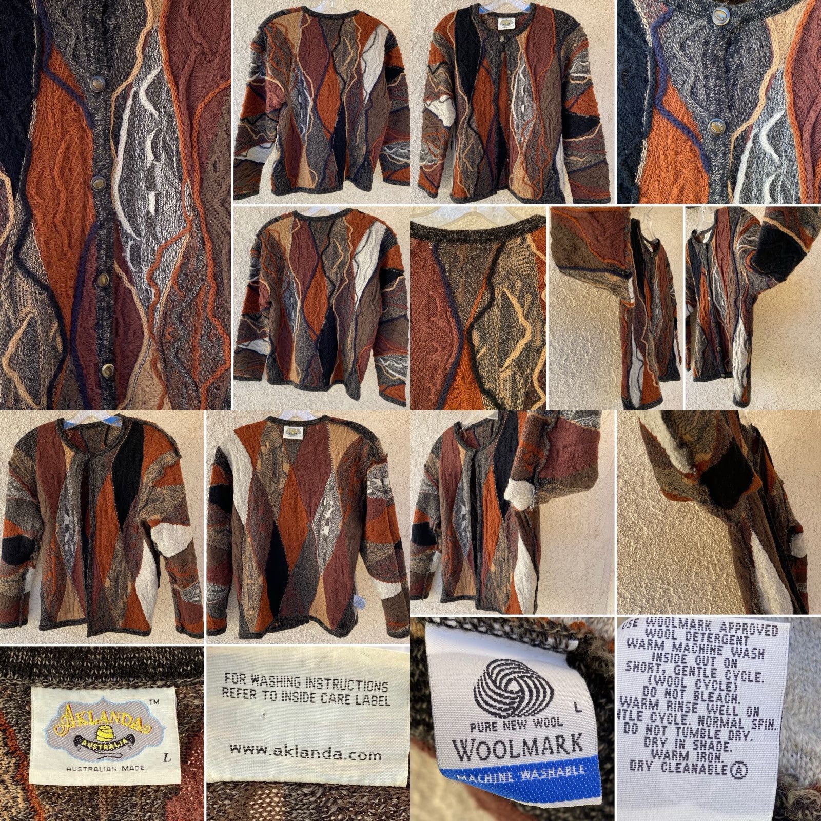 Vintage VINTAGE Aklända Australian Made Pure Wool Textured 3D Knit Cardigan Sweater L 90s Y2K Size L / US 10 / IT 46 - 8 Thumbnail
