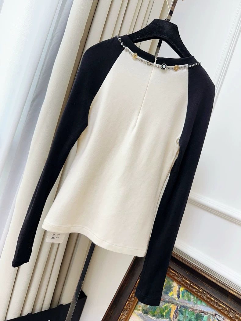 Chanel Beige Black Embellished Long Sleeve Top