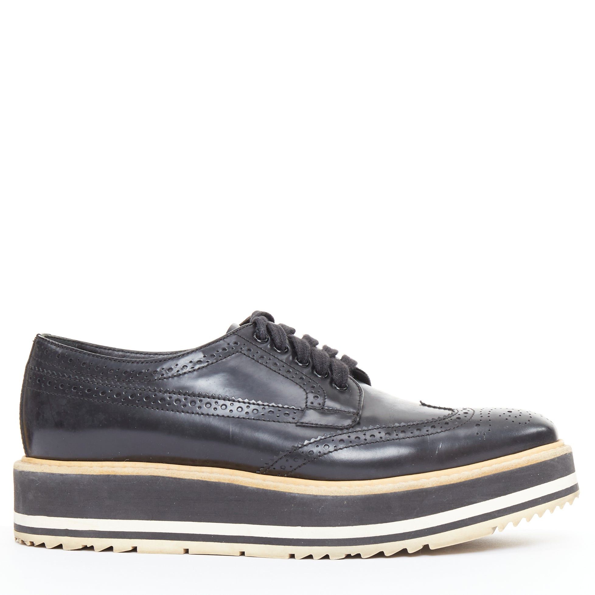 Prada PRADA Wingtip black white beige platform brogue oxfords EU37.5 Size US 7.5 / IT 37.5 - 1 Thumbnail
