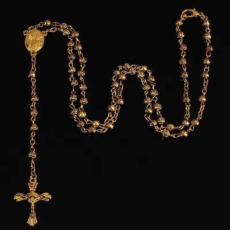Jewelry Saint Benedict Rosary Necklace Chain Catholic Church Jesus in Gold, Men's