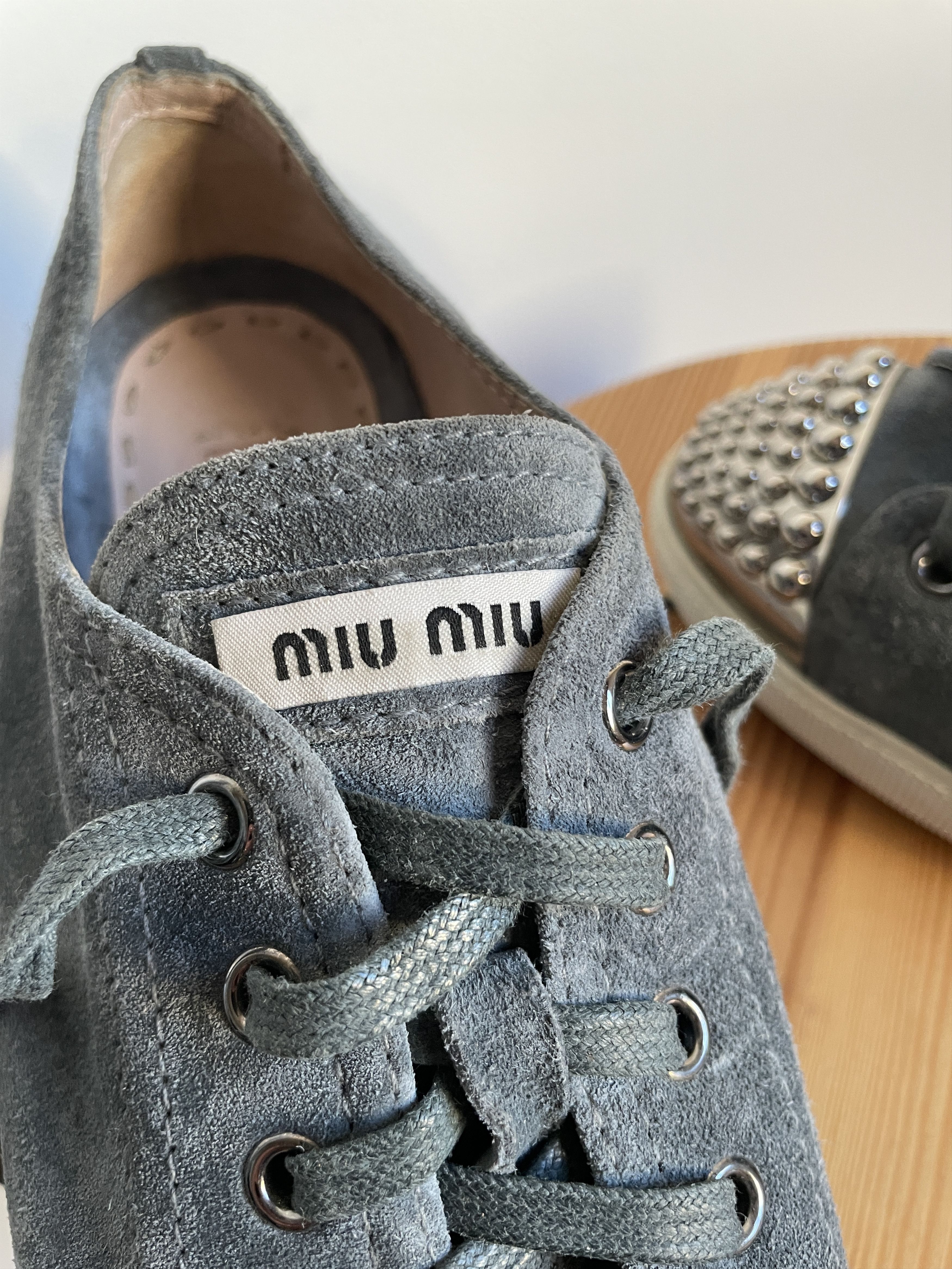 Miu Miu Miu Miu Grey Suede Studded Cap Toe Womens Sneakers Size US 7.5 / IT 37.5 - 13 Thumbnail