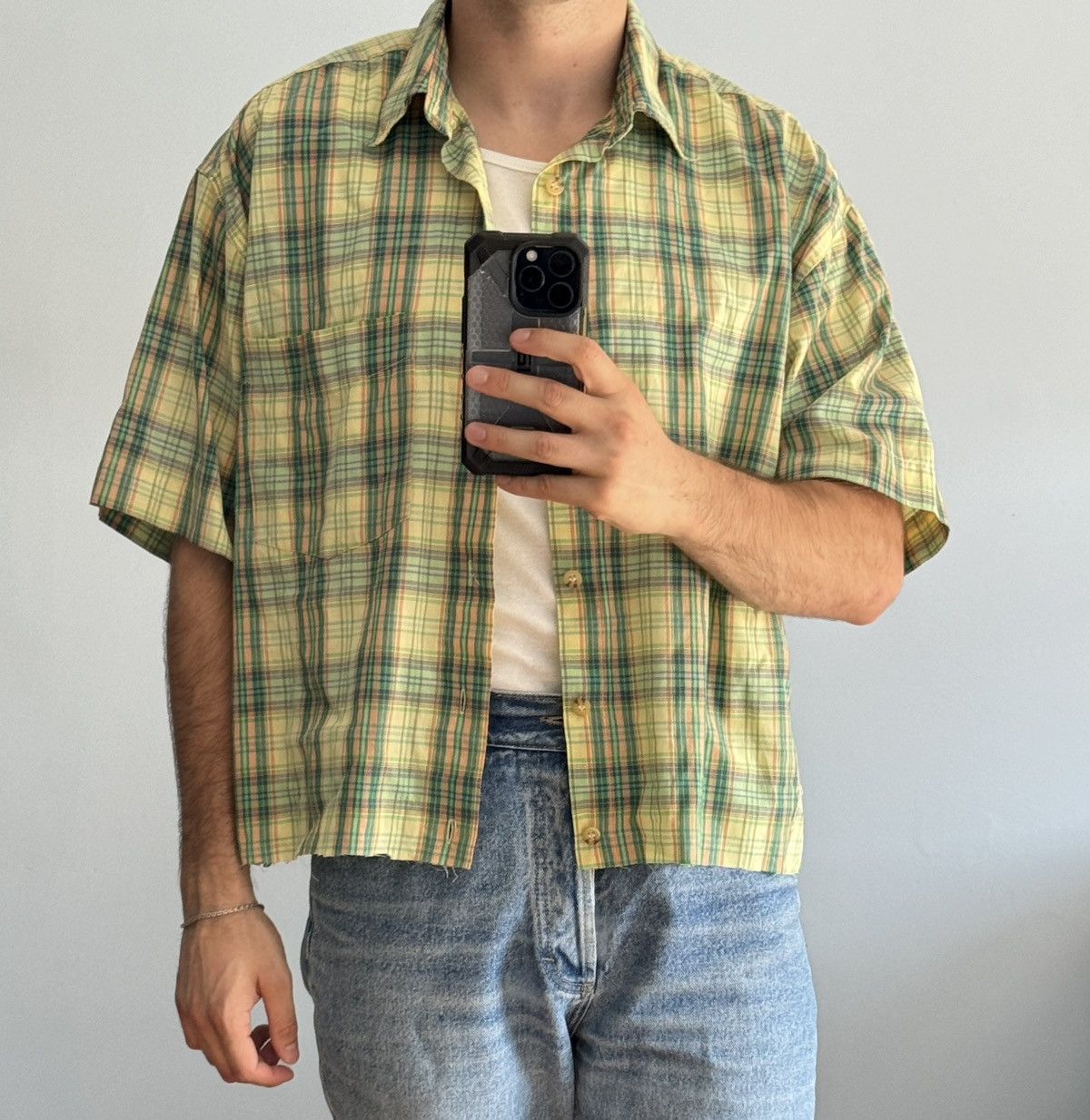 Japanese Brand ᶠᵃⁿᶜʸᵍᵘʸBOXY Trashed Shirt Vintage Cropped Button Up 90s 80 Size US M / EU 48-50 / 2 - 1 Thumbnail