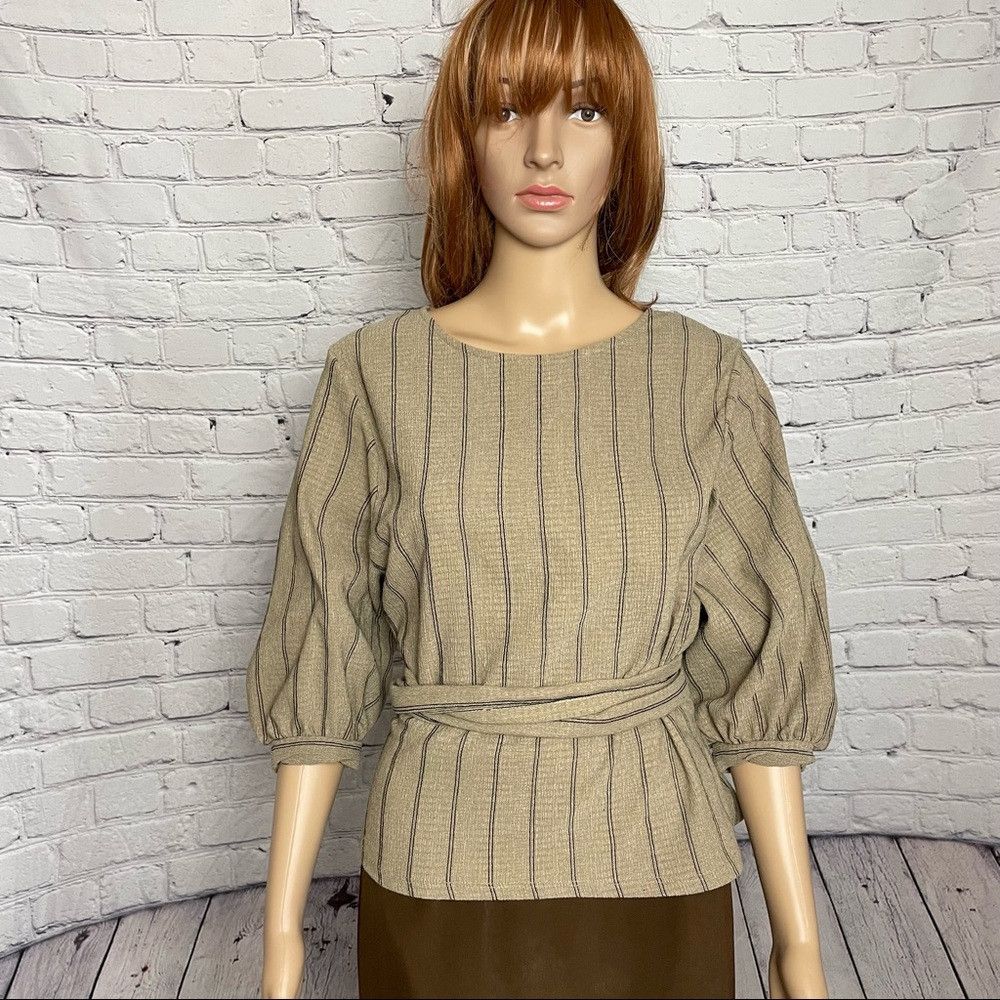 Zara Zara Trafaluc Puff Sleeve Beige Stripes Waist Tie Top Size Size M / US 6-8 / IT 42-44 - 1 Thumbnail