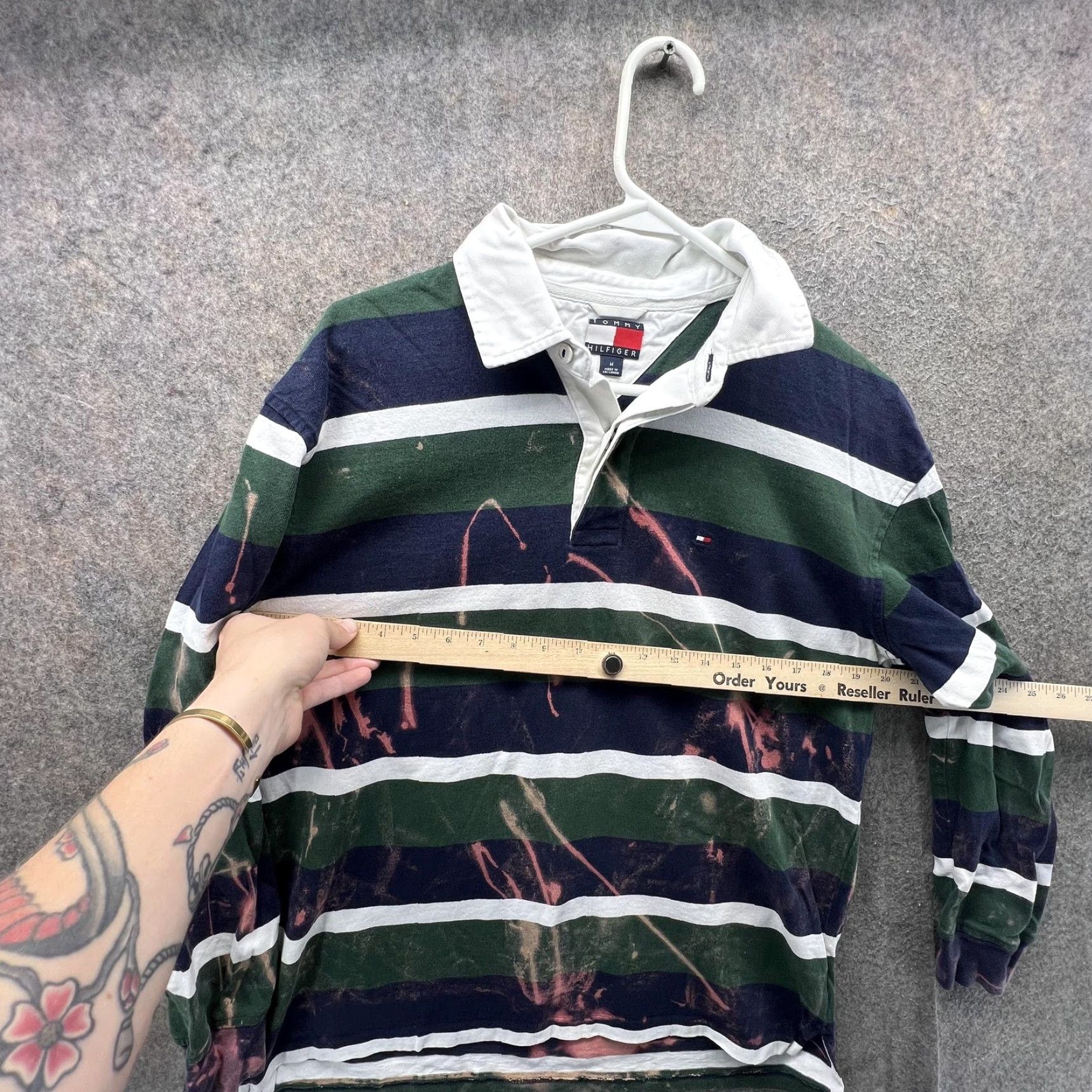 Tommy Hilfiger Tommy Hilfiger Rugby Shirt Mens M Green Navy Stripe Bleach Stained Flawed Polo Knit Long Sleeve Casual Shirt Mens Size US M / EU 48-50 / 2 - 6 Thumbnail