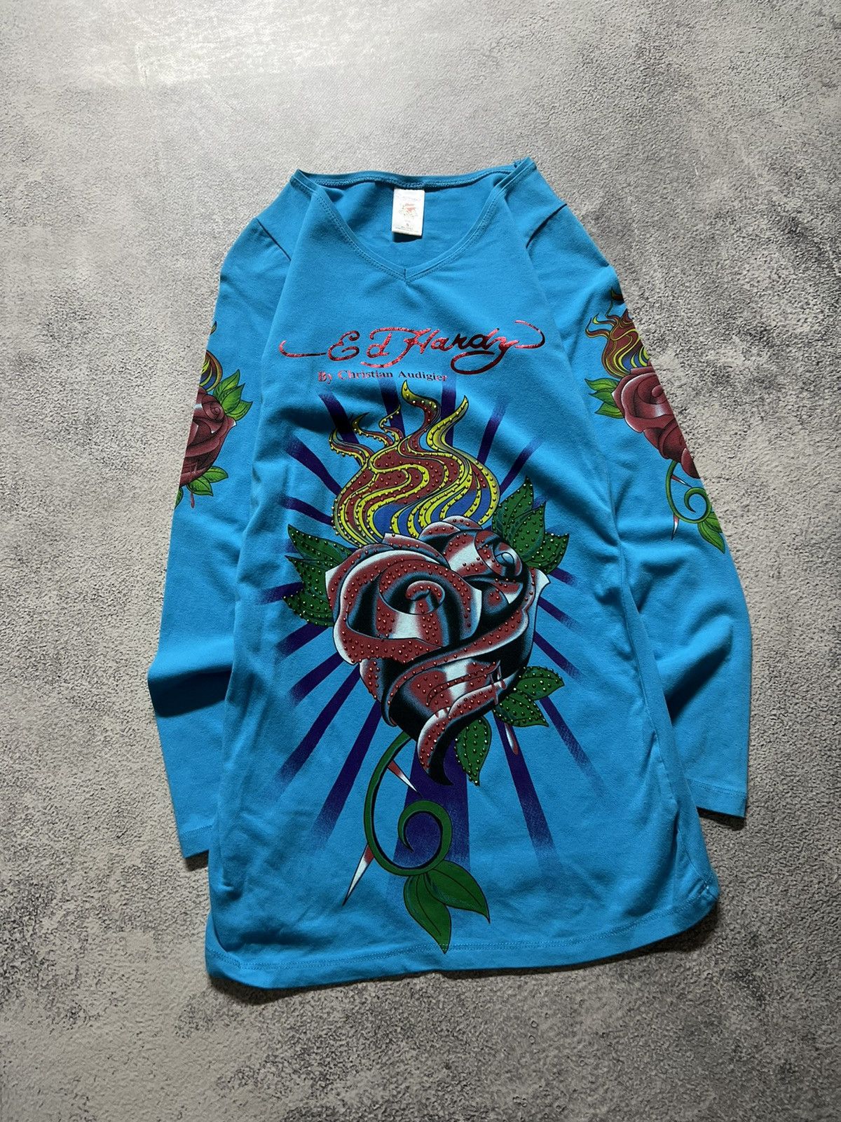 Christian Audigier × Ed Hardy × Vintage Vintage Y2k Ed Hardy 🌹💙 Rosed Long Sleeve Dress 00’s Size S / US 4 / IT 40 - 4 Thumbnail