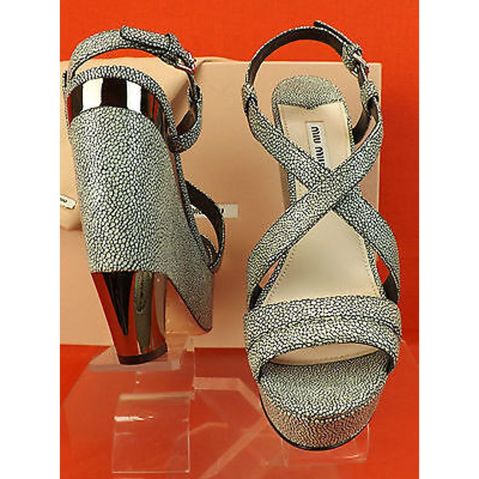 Miu Miu STINGRAY PEBBLE LEATHER METAL HEEL PLATFORM SANDALS 41 $750 Size US 11 / IT 41 - 3 Thumbnail