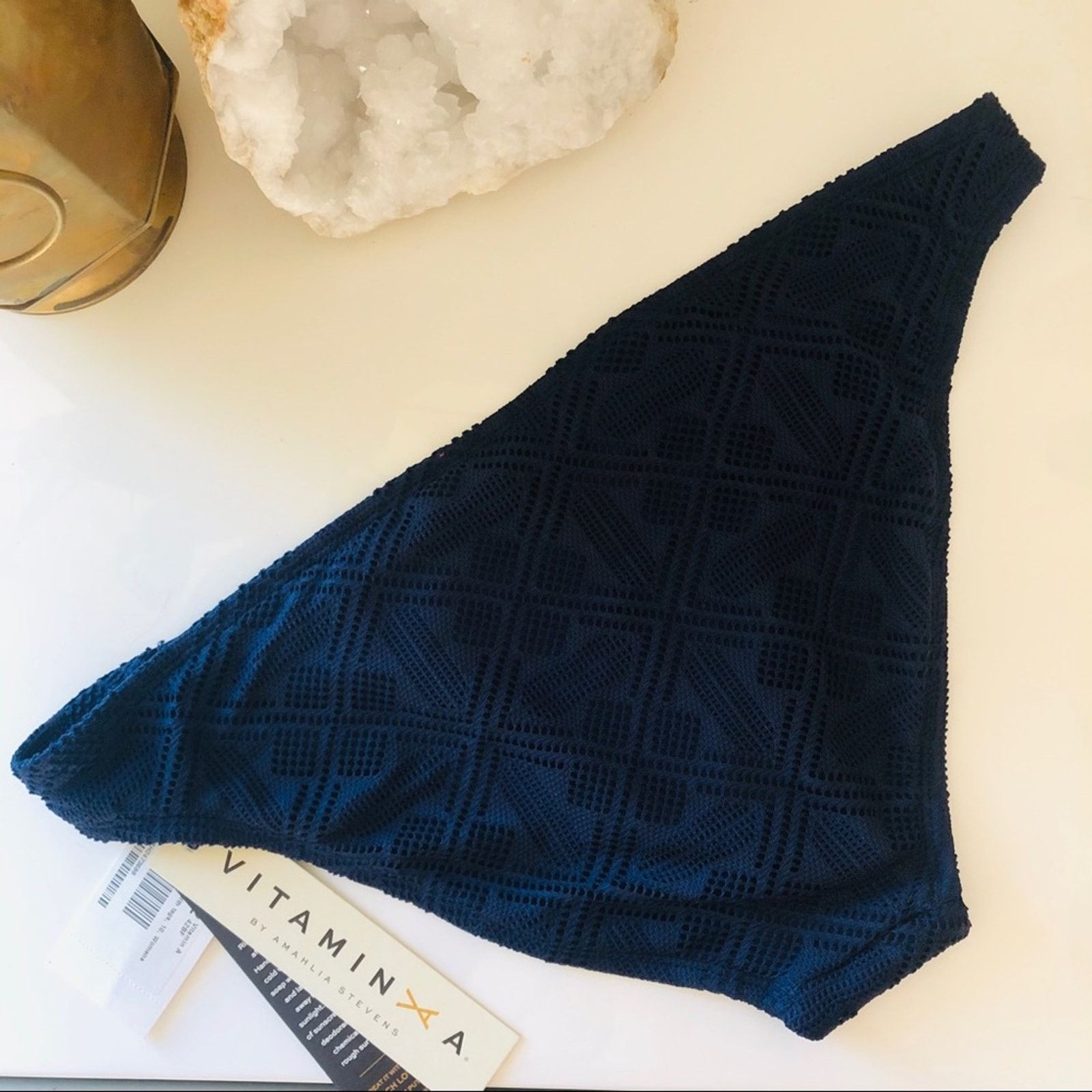 Anthropologie NEW VITAMIN A Navy Blue Textured Cutout Strap Bikini Bottom Size ONE SIZE - 8 Thumbnail