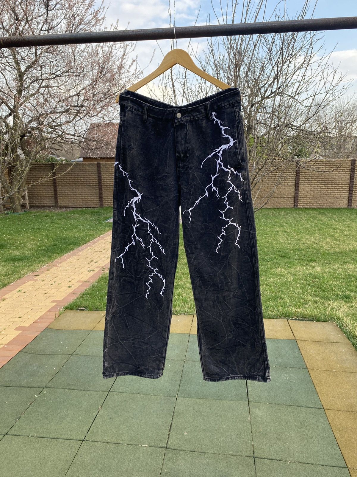 Vintage Black wide-leg jeans with lightning embroidery, Y2K, size L Size US 34 / EU 50 - 2 Thumbnail