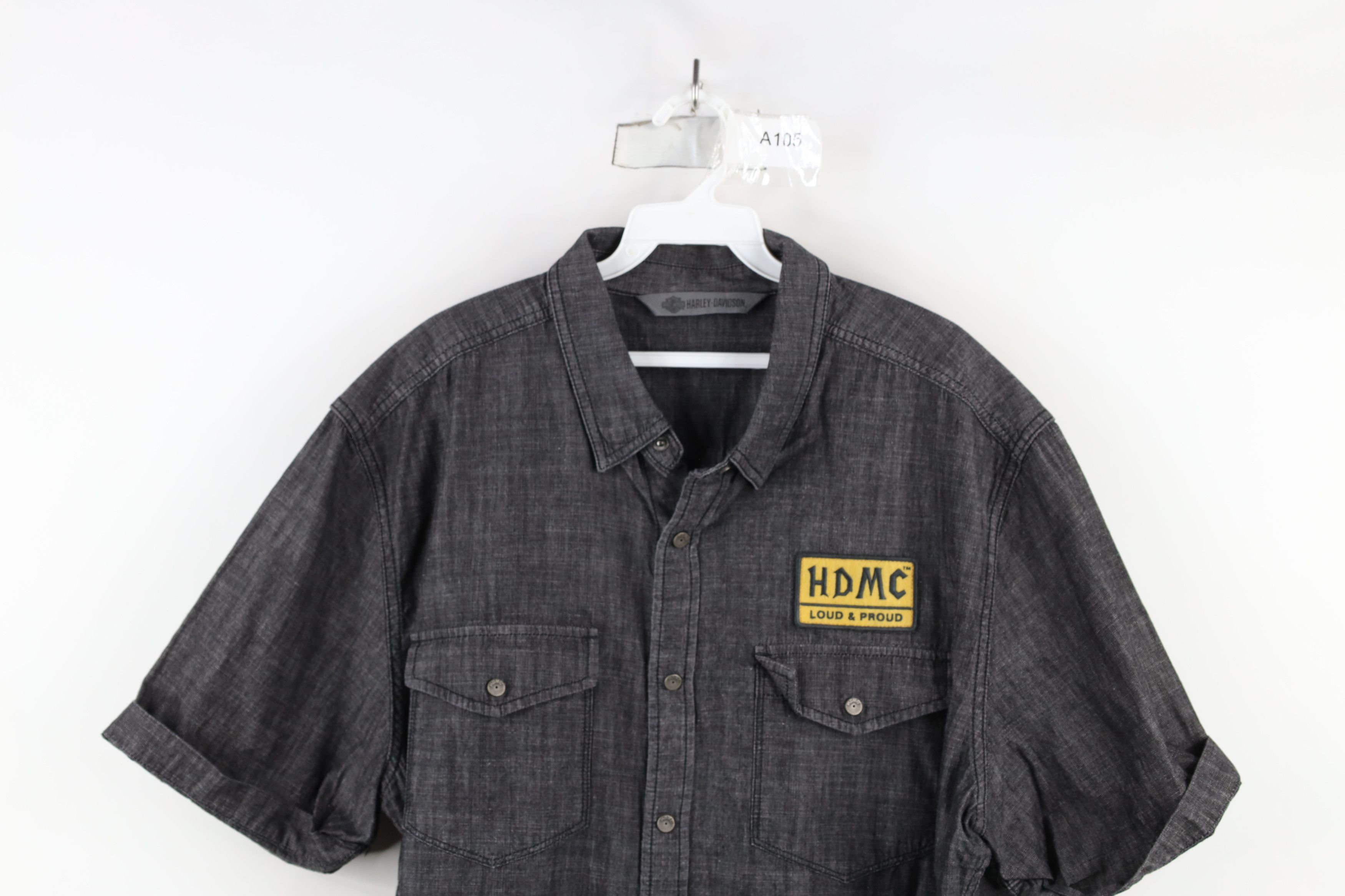 Harley Davidson × Vintage Vintage Harley Davidson Chambray Short Sleeve Button Shirt Size US XL / EU 56 / 4 - 2 Thumbnail