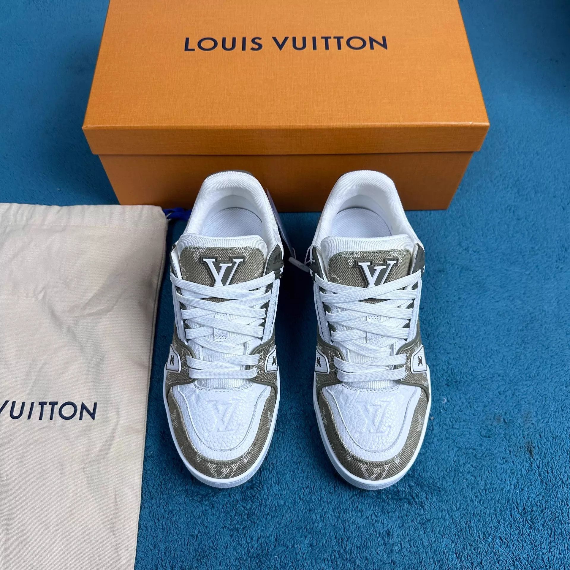 Louis Vuitton LV Trainer Denim & Leather Logo Print Low Green 36.5 Size US 6 / IT 36 - 1 Thumbnail