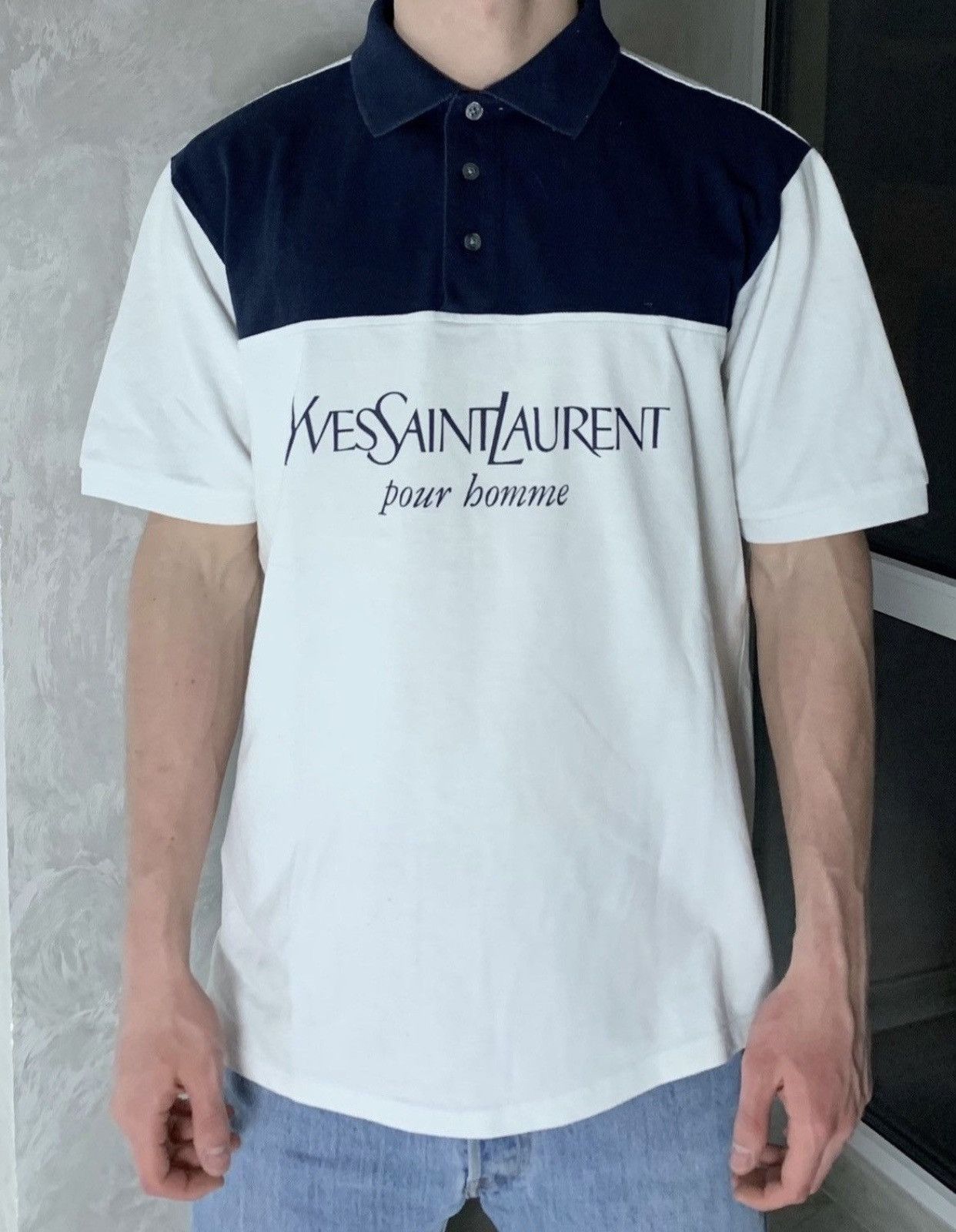 Vintage × Yves Saint Laurent Yves Saint Laurent Vintage Polo Big logo Navy/White Size US L / EU 52-54 / 3 - 2 Thumbnail