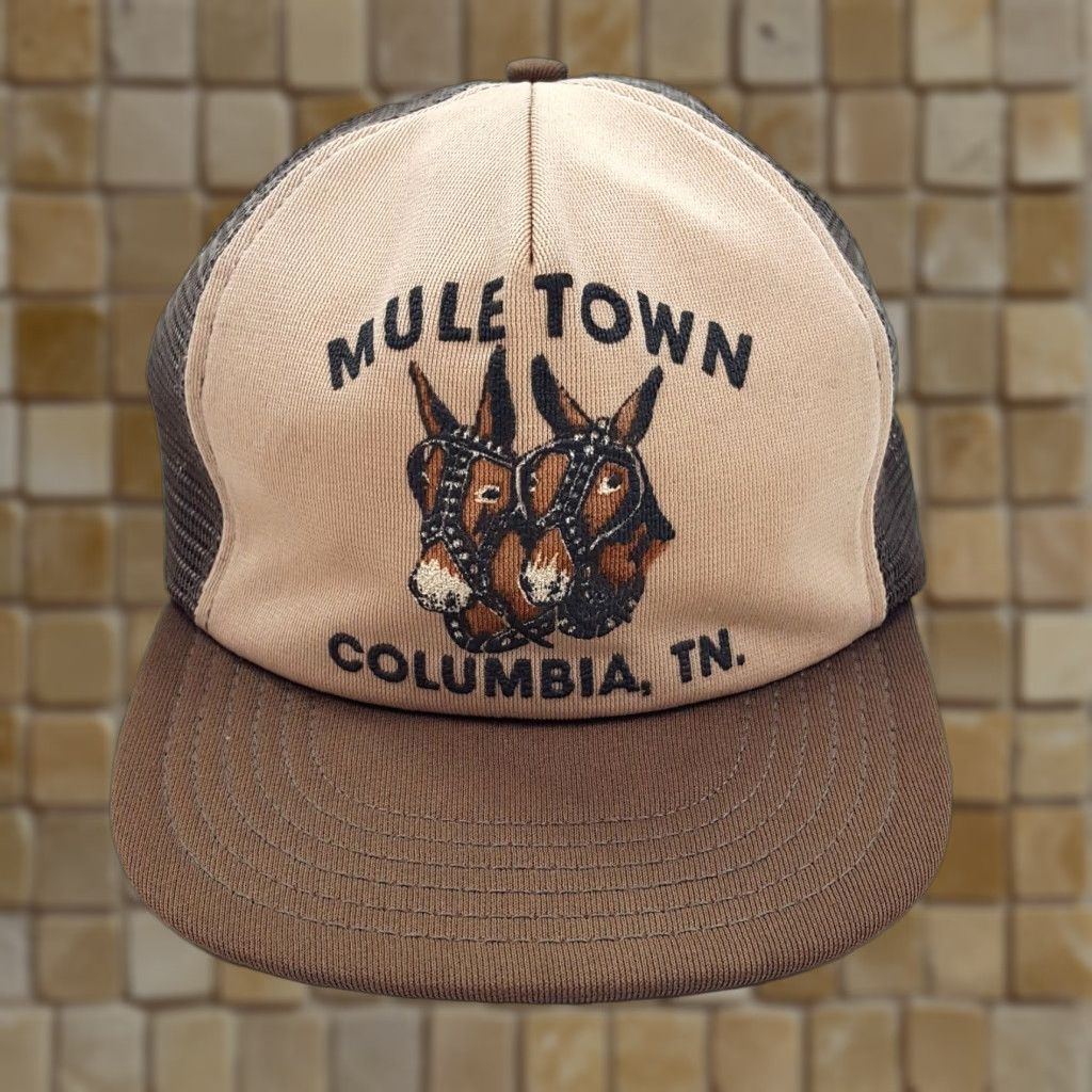 Vintage VINTAGE 80s Mule Town Tennessee Horse Trucker Hat Men Adjustable Brown USA Made Western Cap Retro Cowboy Workwear Size ONE SIZE - 1 Thumbnail