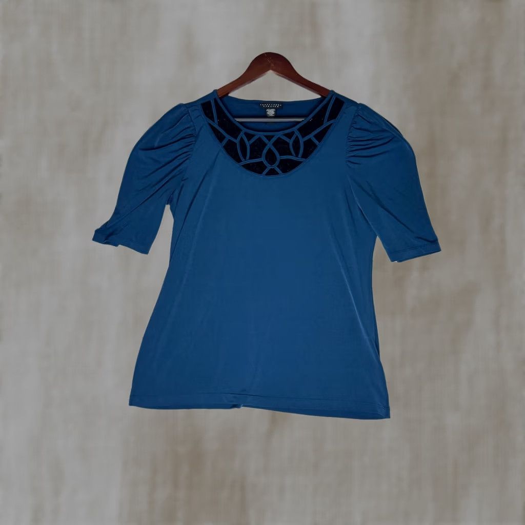 Altea Apostrophe Stretch Blue Lace Neckline 3/4 Sleeve Top Womens L/G Puff Sleeve Tunic Beaded Keyhole Neck Solid Knit Blouse Pullover Casual Party/Cocktail Size L / US 10 / IT 46 - 1 Thumbnail
