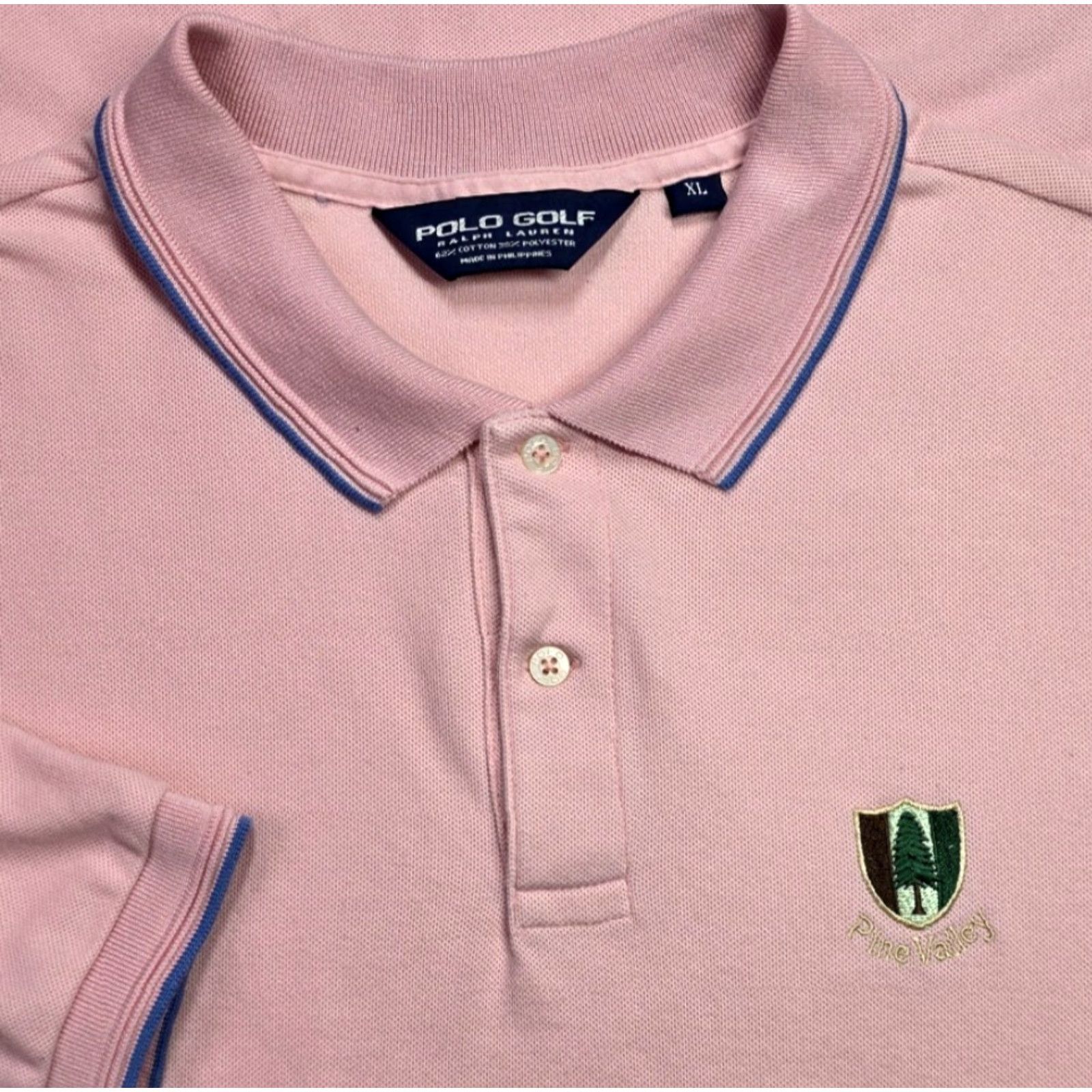Polo Ralph Lauren VINTAGE Polo Ralph Lauren Polo Shirt Mens XL Pine Valley Pink Contrast Collar Trim Polo Golf Summer Sports Logo Affluent Pine Valley Mens XL Pink Blue Size US XL / EU 56 / 4 - 2 Thumbnail