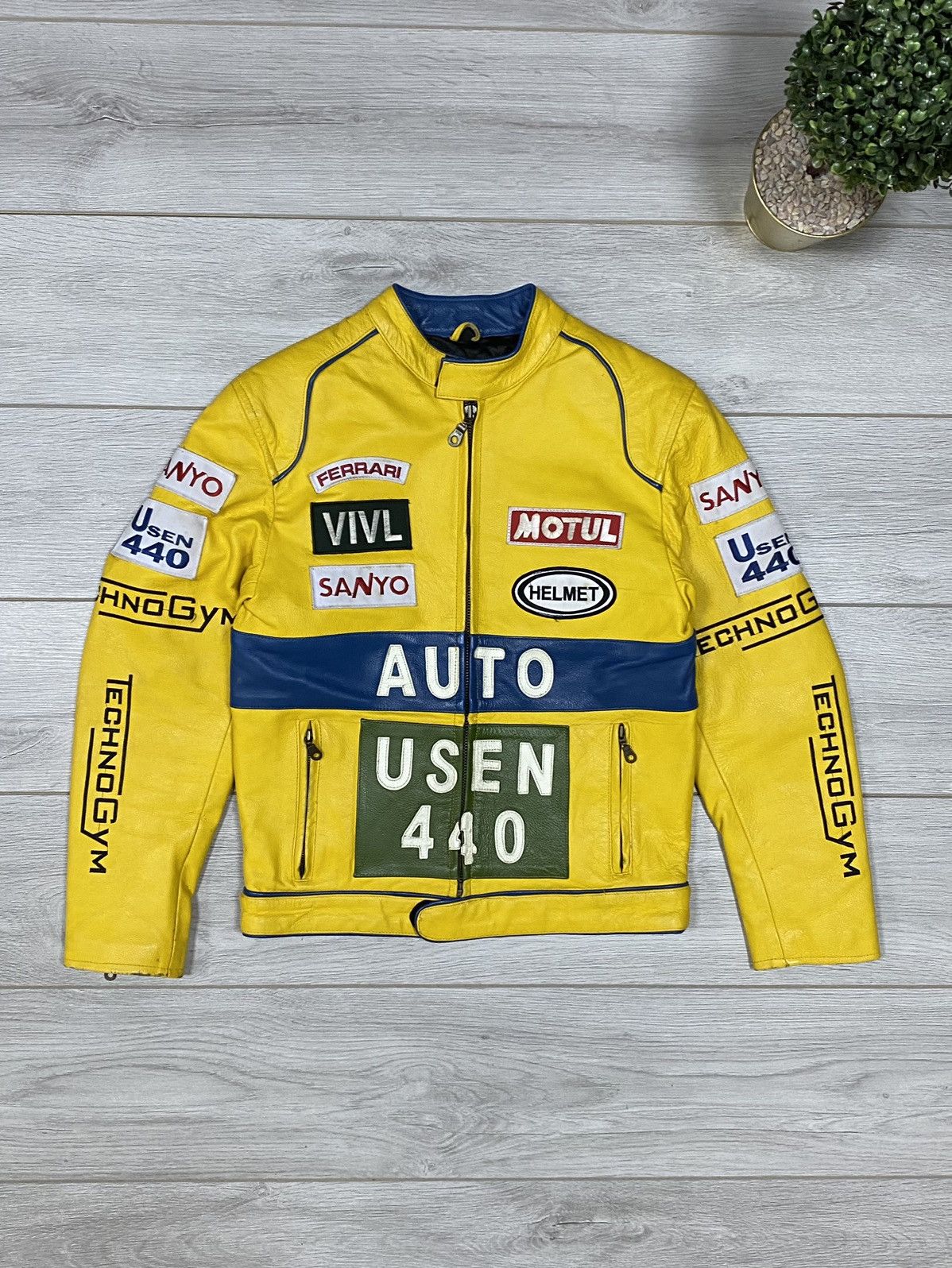image of Ferrari Top Gear Techno Auto Usen Racing Leather Jacket in Yellow, Men's (Size Small)