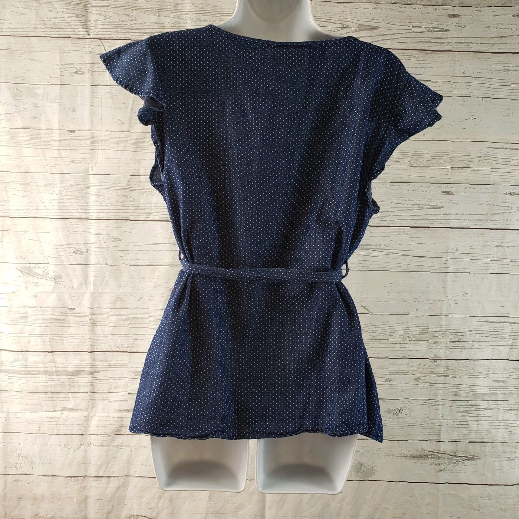 Vintage ModCloth Womens Top Blouse Polka Dot Blue Cap Sleeve Belted V-Neck Large Size L Womens Size L / US 10 / IT 46 - 3 Thumbnail
