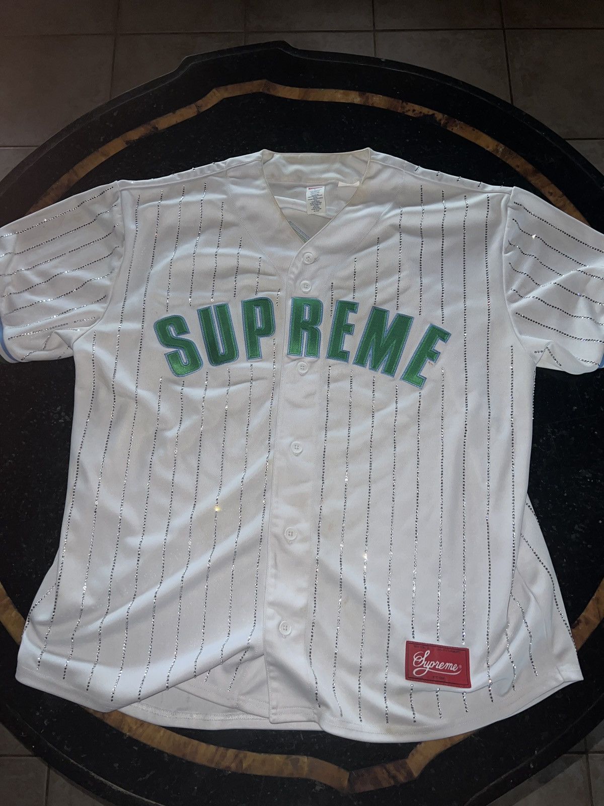 Supreme Rhinestone Stripe Baseball Jersey Red