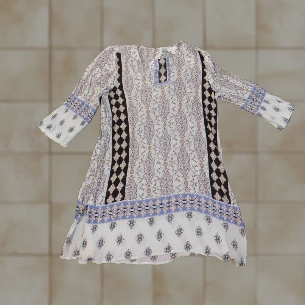 J. Jill J. Jill Blouse Tunic Shirt Women S Blue Geometric Geometric Pattern Rayon Slit Cap Sleeve Casual Regular Couture Theme Vintage No Size S / US 4 / IT 40 - 1 Thumbnail