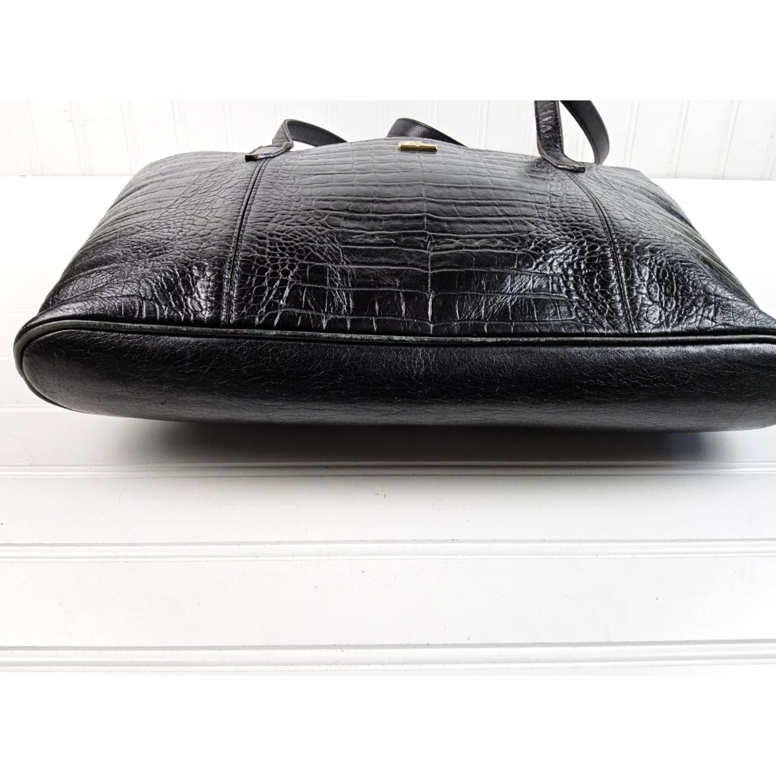 Vintage Annalou Crocodile Embossed Leather Tote Shoulder Handbag Purse Women Leather Tote Black Size ONE SIZE - 7 Thumbnail