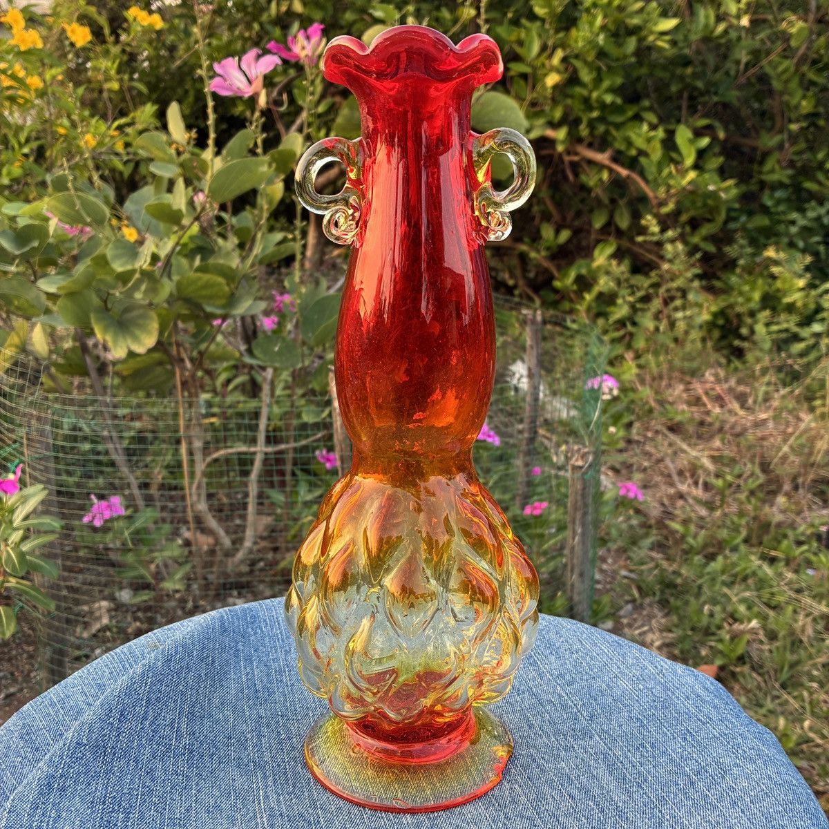 Other Vintage Amberina Glass Vase Applied Clear Mid Century Size ONE SIZE - 8 Thumbnail