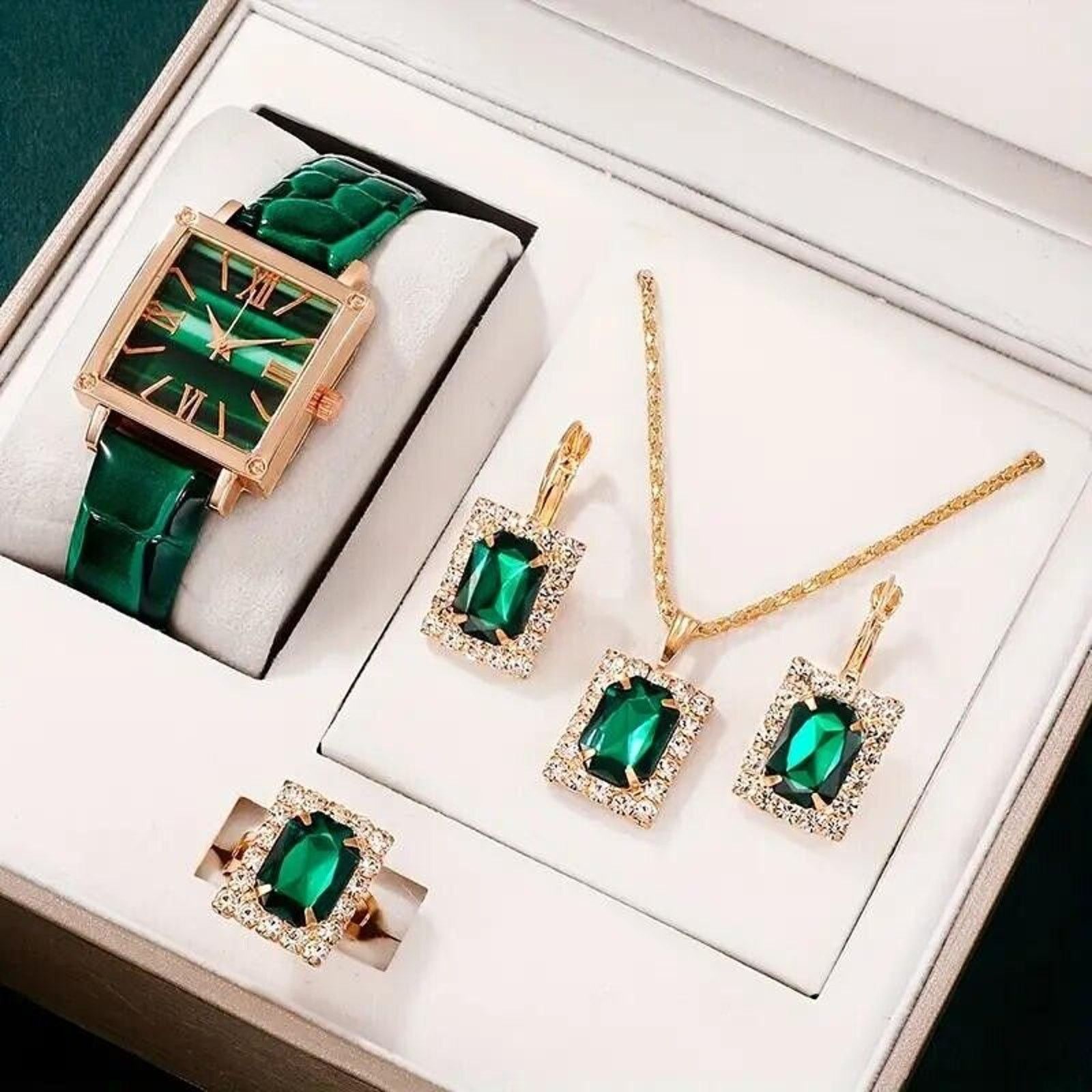 Other 5pc Jewelry Set •Green Square Rhinestone Quartz Watch •Ring Size ONE SIZE - 1 Thumbnail