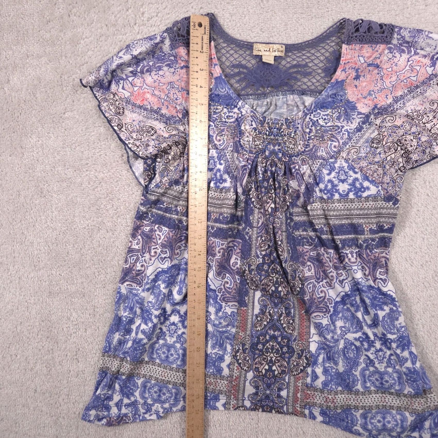 Olive Live And Let Live Blouse Womens Small Blue Paisley Beaded Tunic Top Crochet Lace Size S / US 4 / IT 40 - 6 Thumbnail