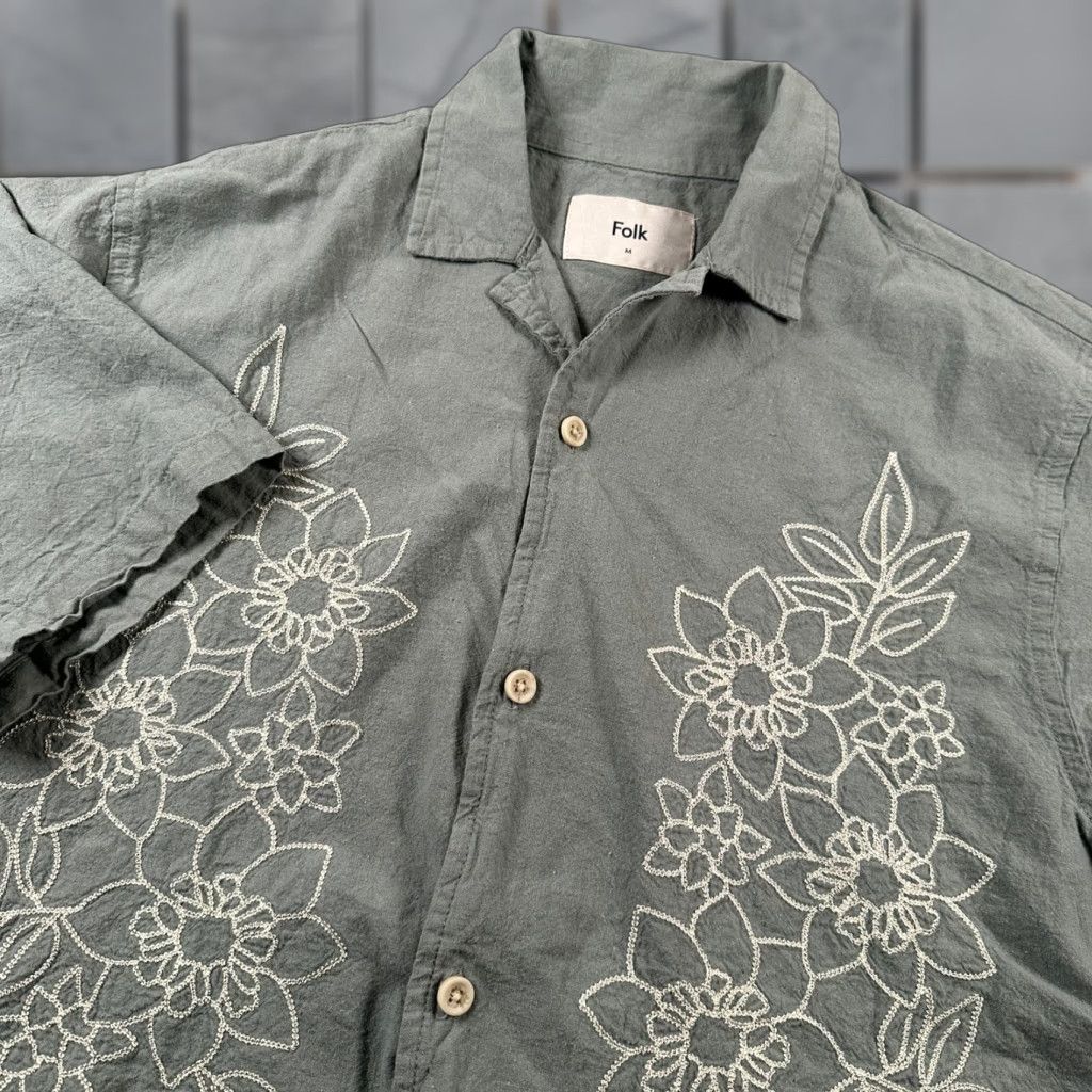 Folk Shirt Mens M Embroidered Floral Short Sleeve Button Front Cotton Linen Sage