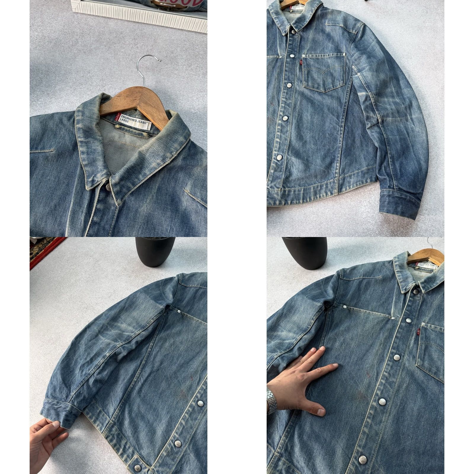 Denime VINTAGE Levis Engineered Jeans 90s Button Up Denim Jacket Men L Blue Denim Jacket Bomber Style Casual Streetwear 90s Mens Button Up Pockets Size US 33 - 8 Thumbnail
