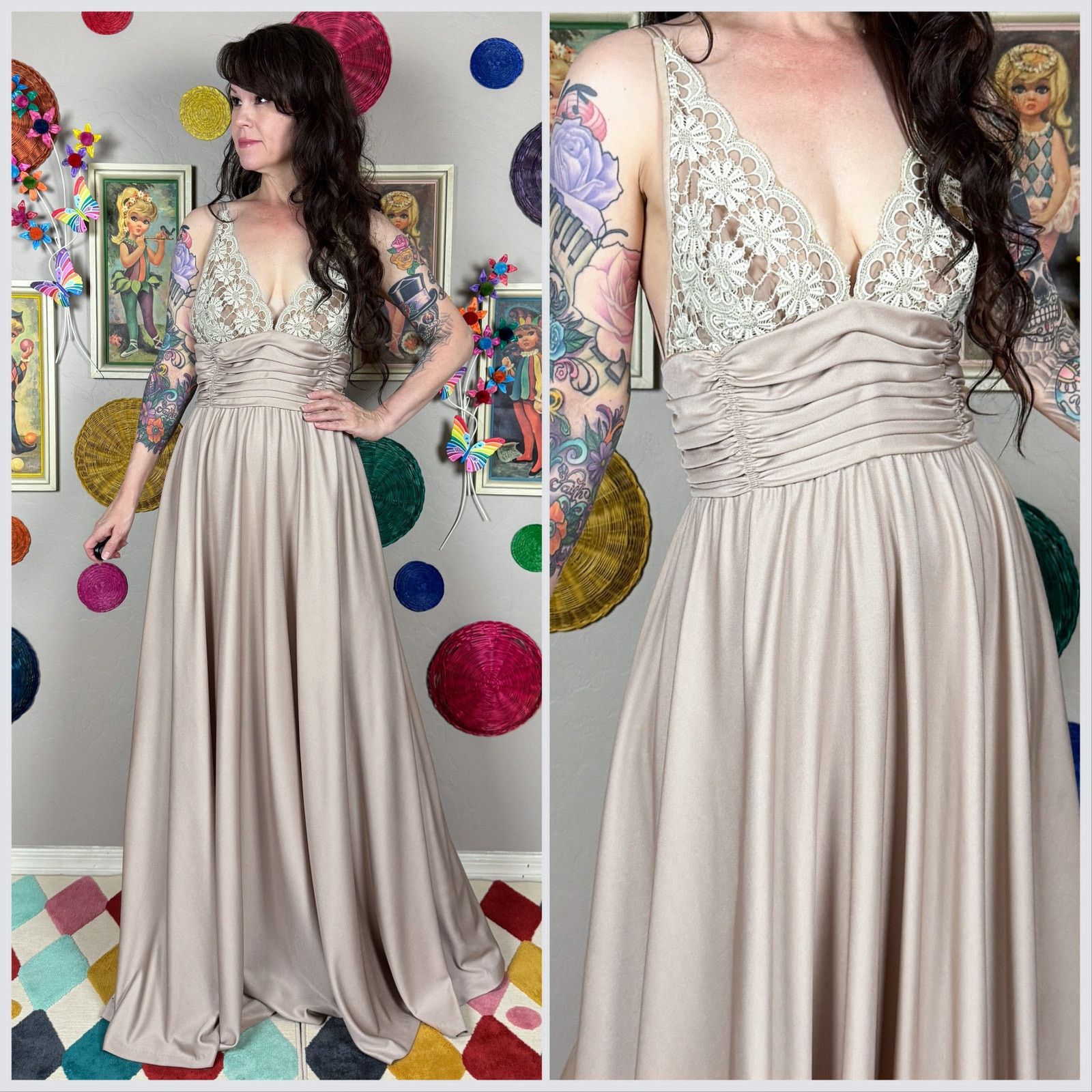 Vintage 1970s Taupe Illusion Floral Lace Strappy Backless Gown Size S / US 4 / IT 40 - 1 Thumbnail