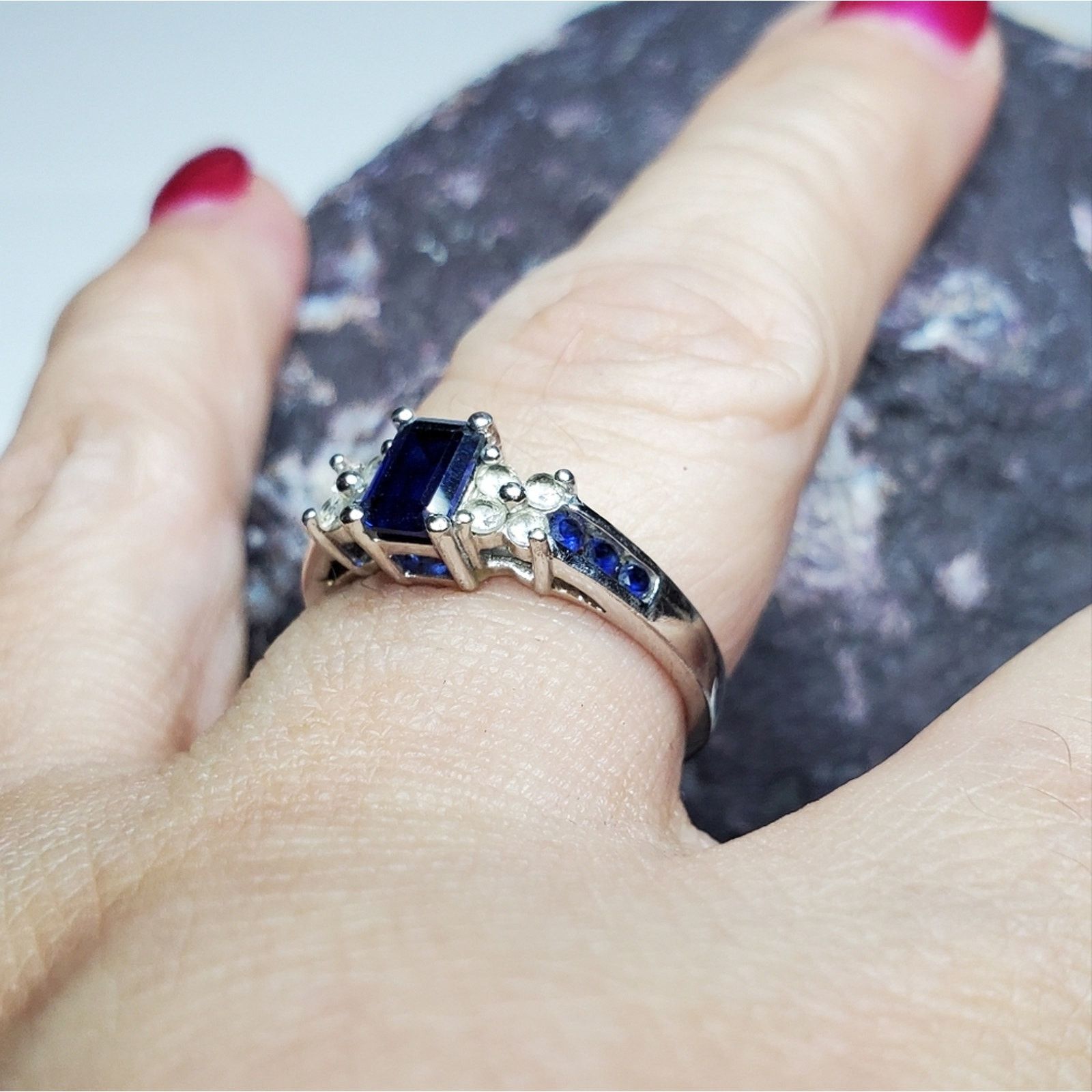 Sterling Silver 925 Sterling Silver Deep Blue Sapphire Faux Diamond Ring Size ONE SIZE - 4 Thumbnail